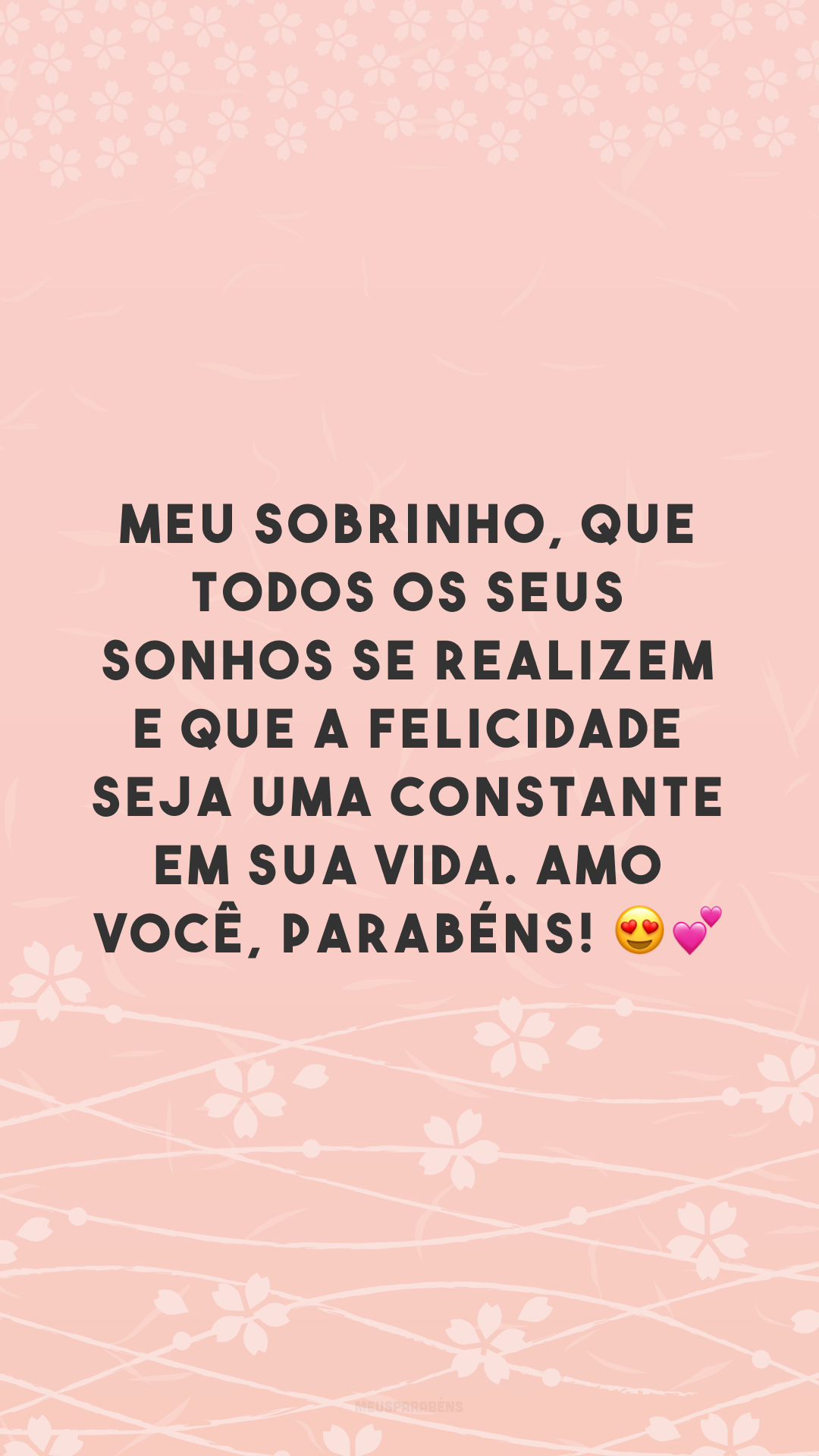 Meu sobrinho, que todos os seus sonhos se realizem e que a felicidade seja uma constante em sua vida. Amo você, parabéns! 😍💕