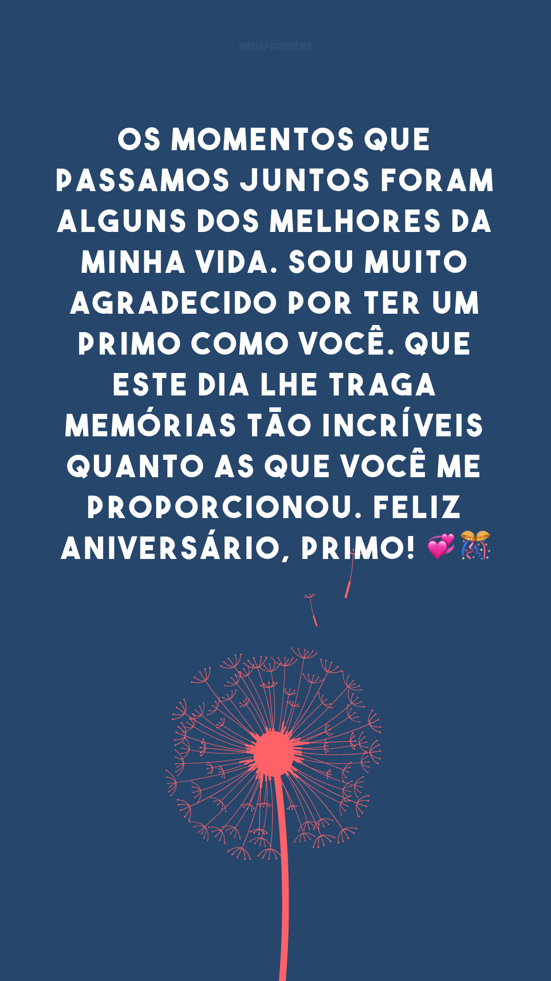 Os momentos que passamos juntos foram alguns dos melhores da minha vida. Sou muito agradecido por ter um primo como você. Que este dia lhe traga memórias tão incríveis quanto as que você me proporcionou. Feliz aniversário, primo! 💞🎊