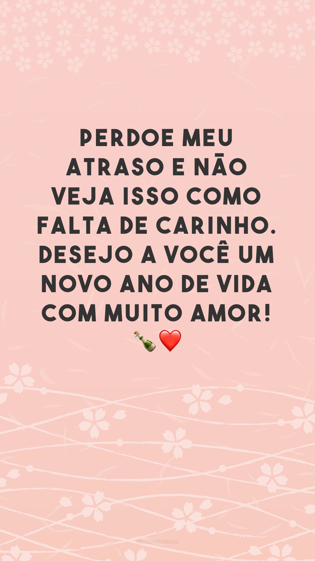 Perdoe meu atraso e não veja isso como falta de carinho. Desejo a você um novo ano de vida com muito amor! 🍾❤