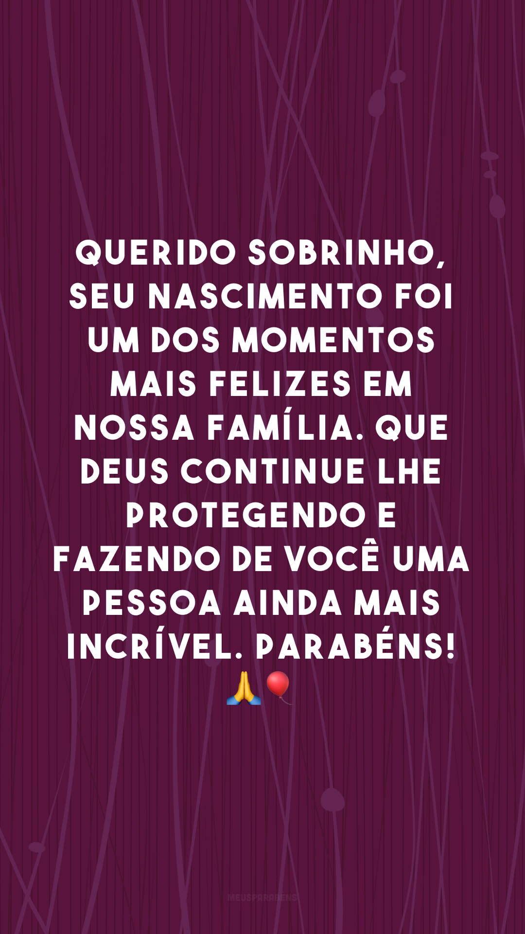 Querido sobrinho, seu nascimento foi um dos momentos mais felizes em nossa família. Que Deus continue lhe protegendo e fazendo de você uma pessoa ainda mais incrível. Parabéns! 🙏🎈