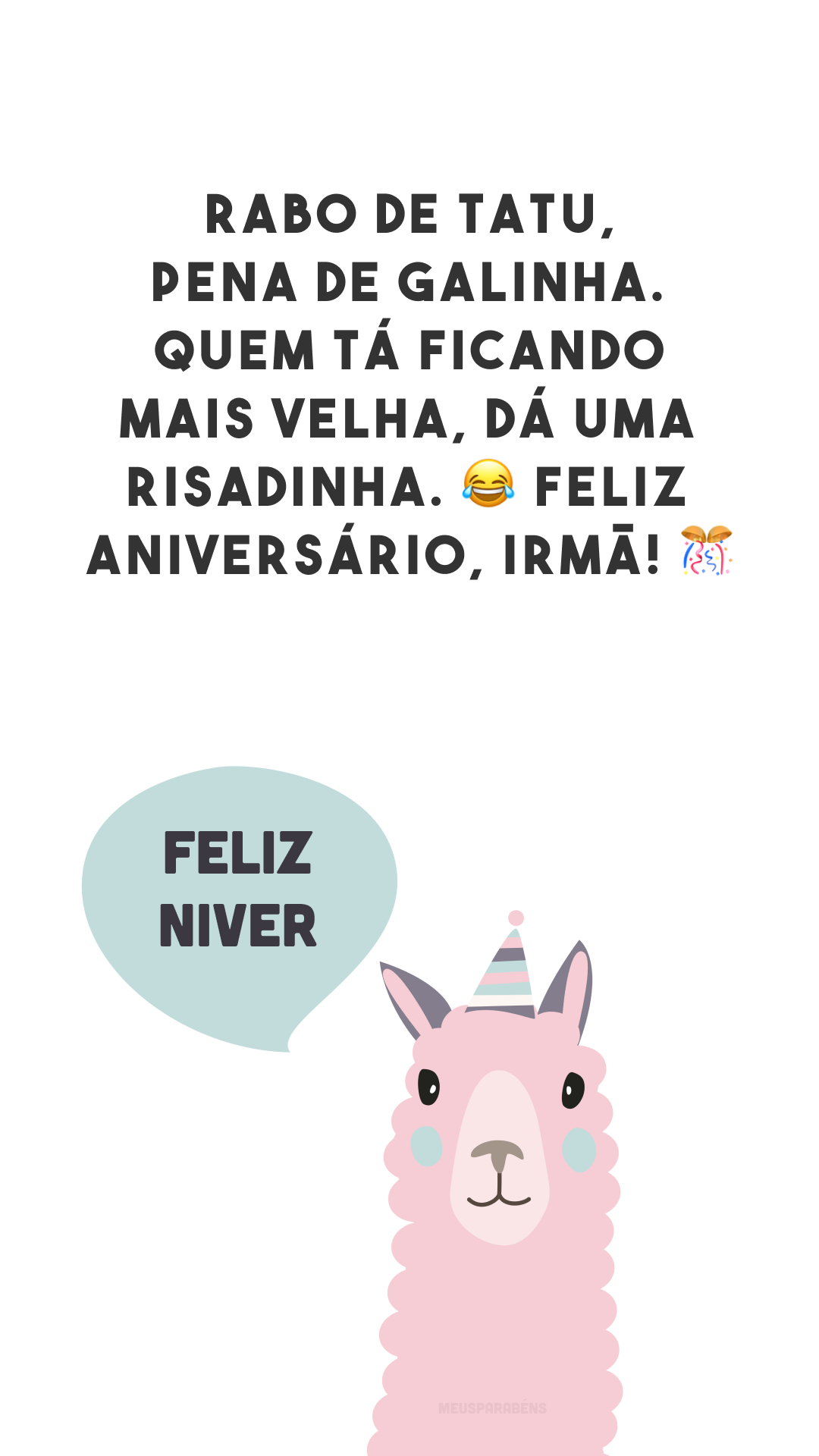 Rabo de tatu, pena de galinha. Quem tá ficando mais velha, dá uma risadinha. 😂 Feliz aniversário, irmã! 🎊