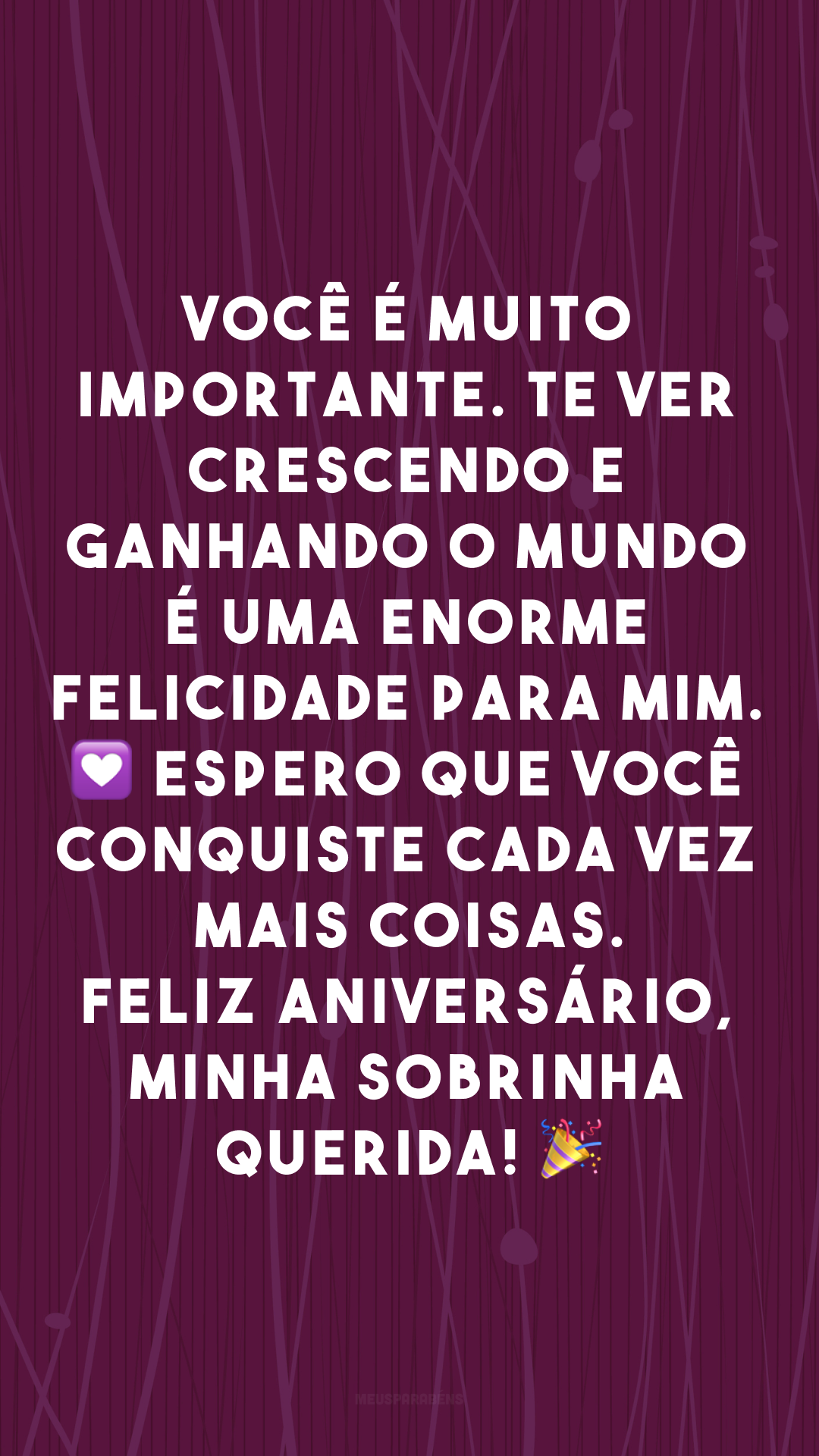 Você é muito importante. Te ver crescendo e ganhando o mundo é uma enorme felicidade para mim. 💟 Espero que você conquiste cada vez mais coisas. Feliz aniversário, minha sobrinha querida! 🎉