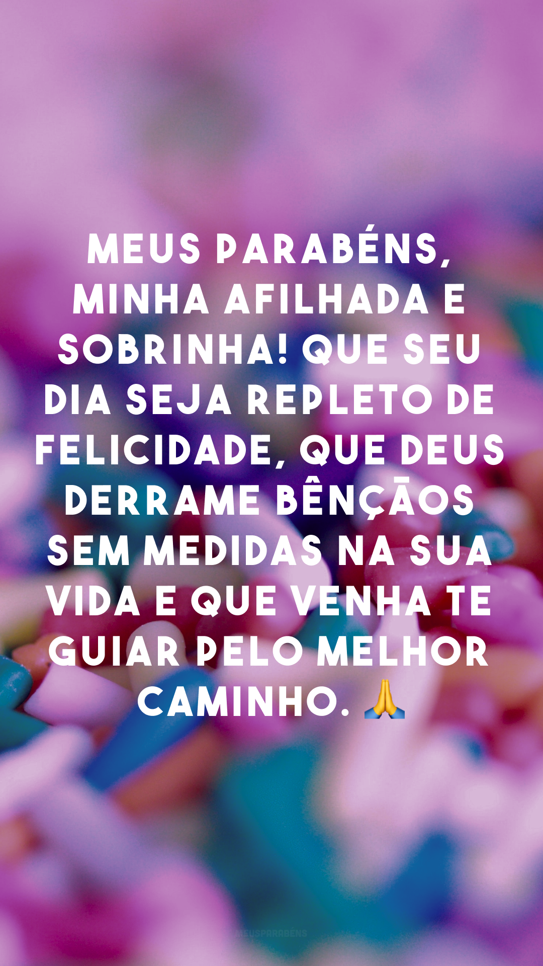 Meus parabéns, minha afilhada e sobrinha! Que seu dia seja repleto de felicidade, que Deus derrame bênçãos sem medidas na sua vida e que venha te guiar pelo melhor caminho. 🙏