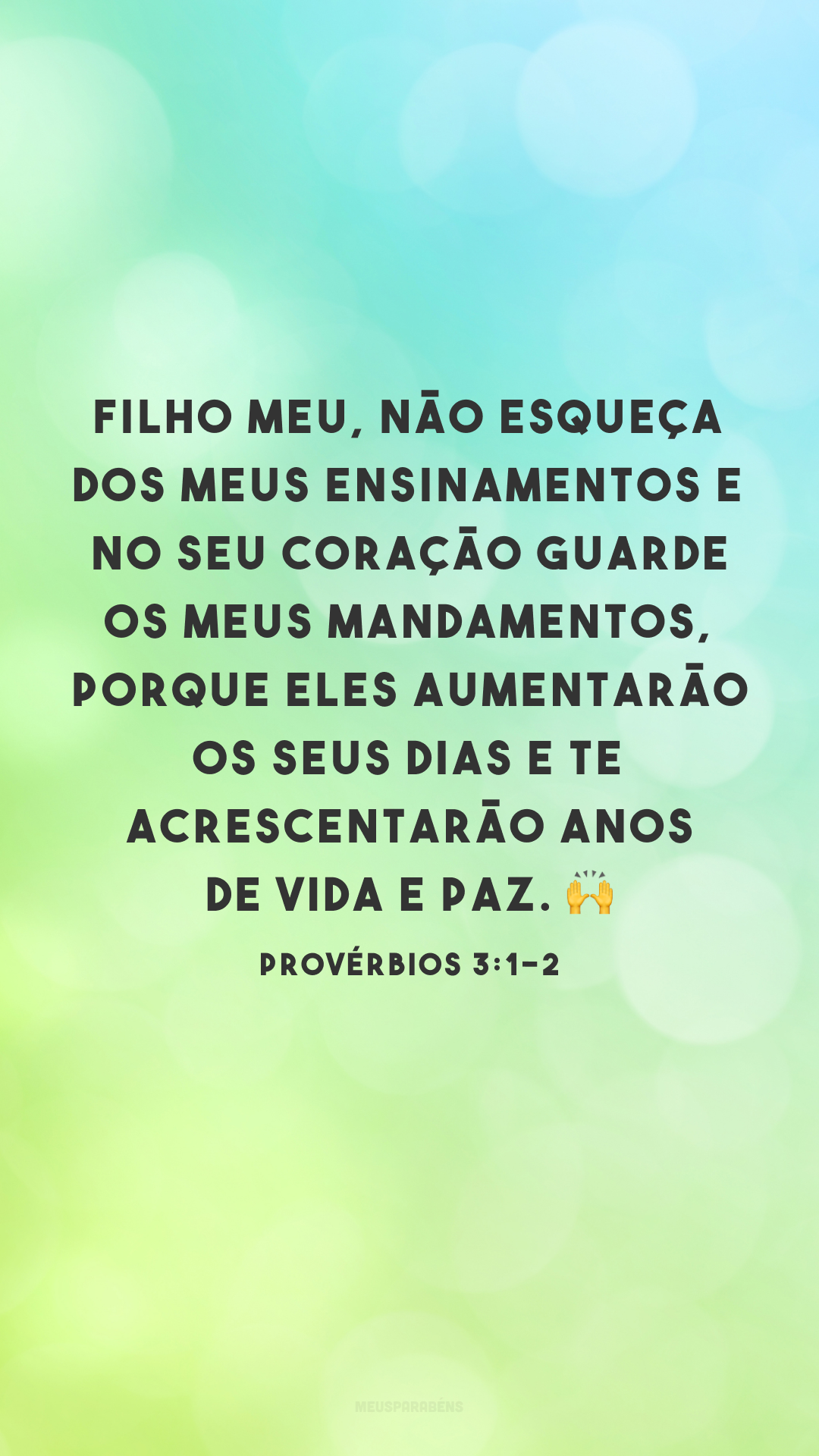 Filho meu, não esqueça dos meus ensinamentos e no seu coração guarde os meus mandamentos, porque eles aumentarão os seus dias e te acrescentarão anos de vida e paz. ?
