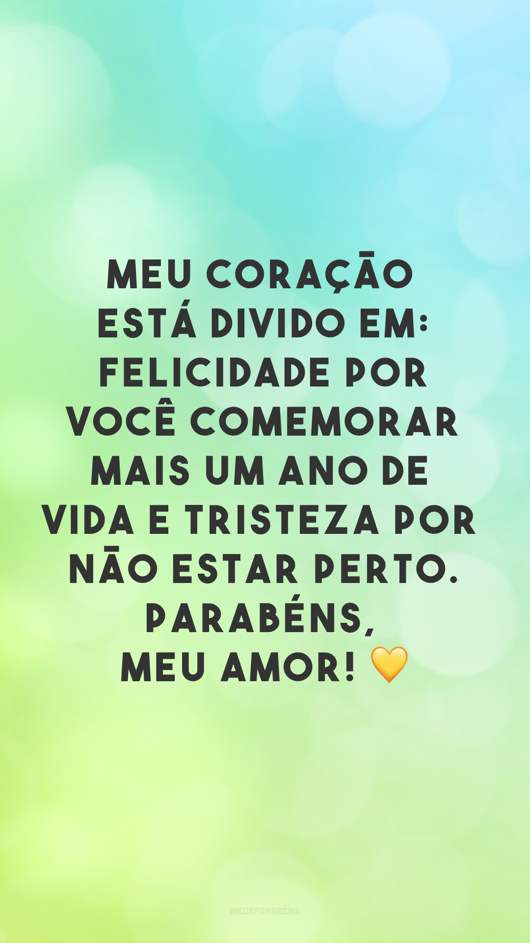 Meu coração está divido em: felicidade por você comemorar mais um ano de vida e tristeza por não estar perto. Parabéns, meu amor! 💛