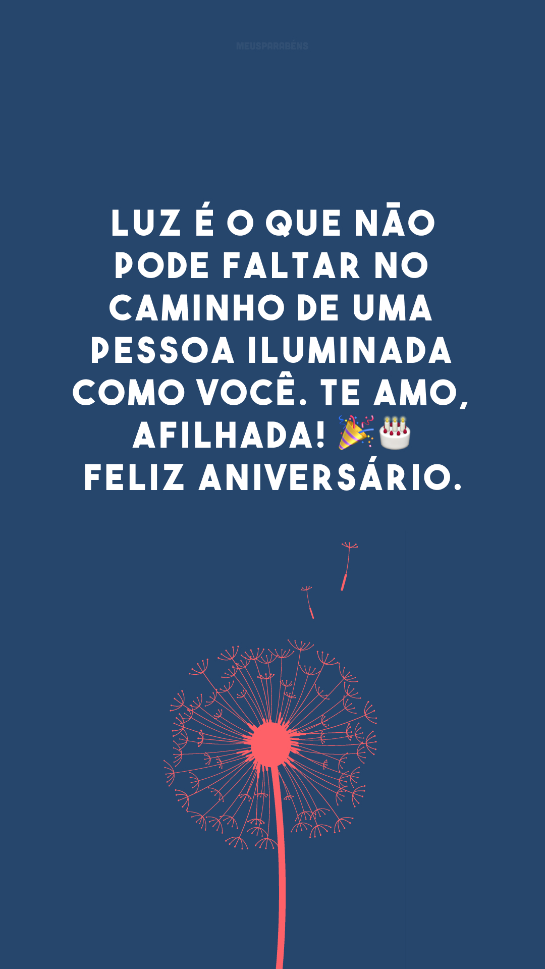 Luz é o que não pode faltar no caminho de uma pessoa iluminada como você. Te amo, afilhada! 🎉🎂 Feliz aniversário.