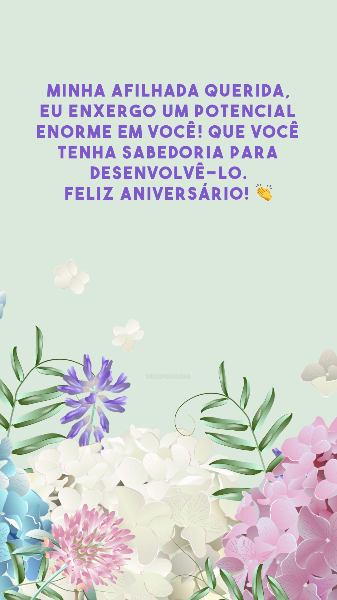 Minha afilhada querida, eu enxergo um potencial enorme em você! Que você tenha sabedoria para desenvolvê-lo. Feliz aniversário! 👏