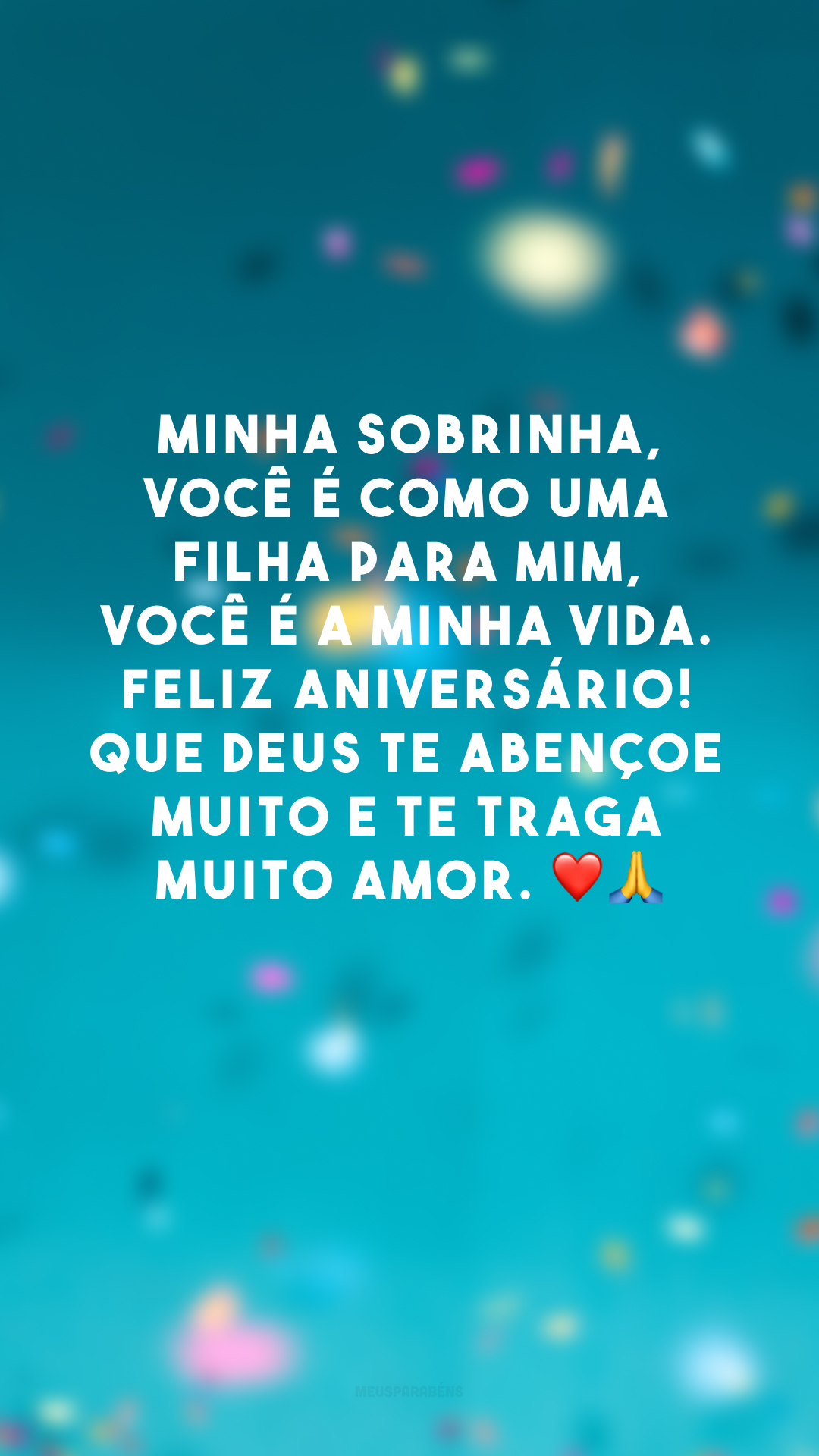 Minha sobrinha, você é como uma filha para mim, você é a minha vida. Feliz aniversário! Que Deus te abençoe muito e te traga muito amor. ❤🙏