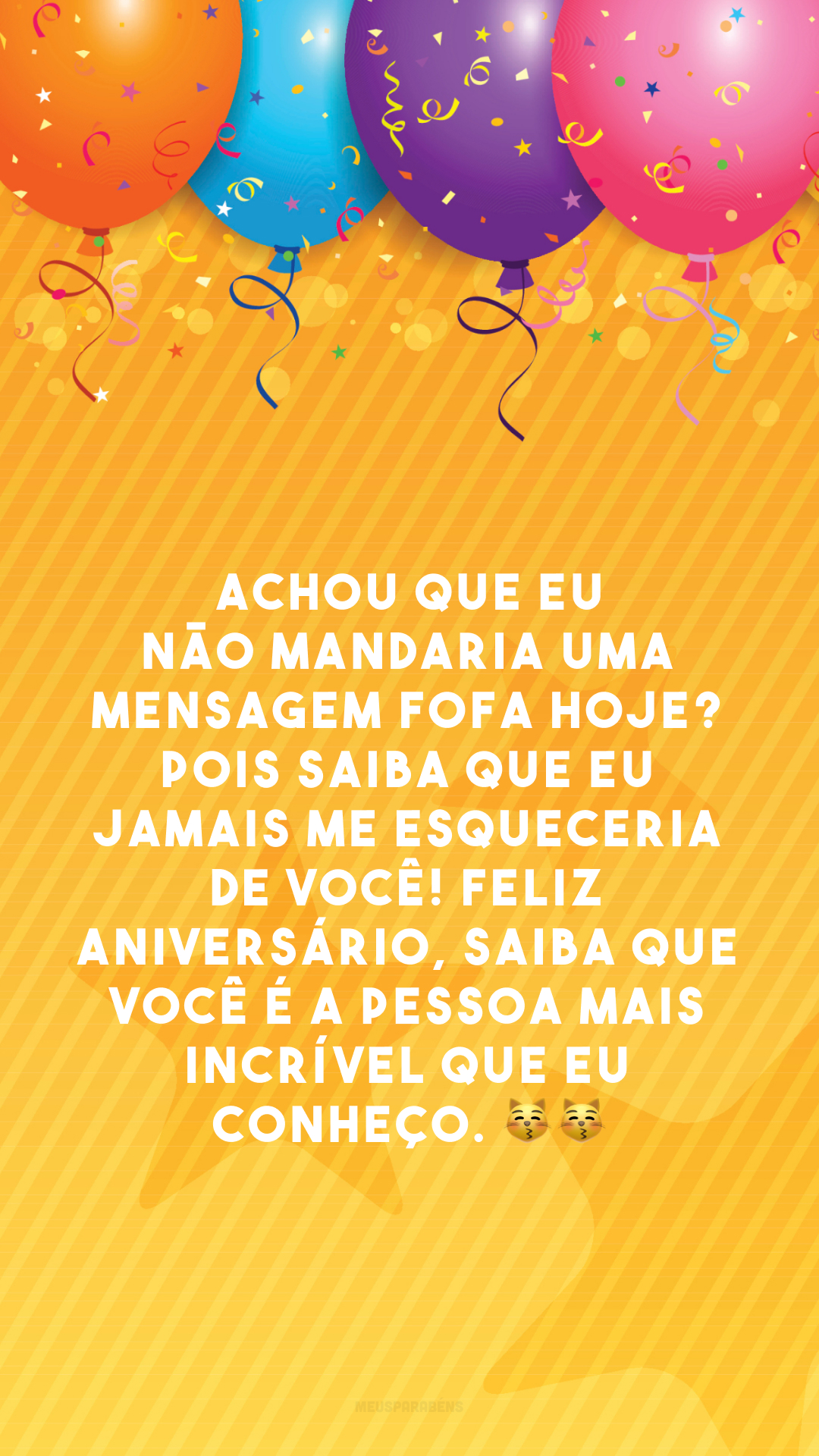 Achou que eu não mandaria uma mensagem fofa hoje? Pois saiba que eu jamais me esqueceria de você! Feliz aniversário, saiba que você é a pessoa mais incrível que eu conheço. 😽😽