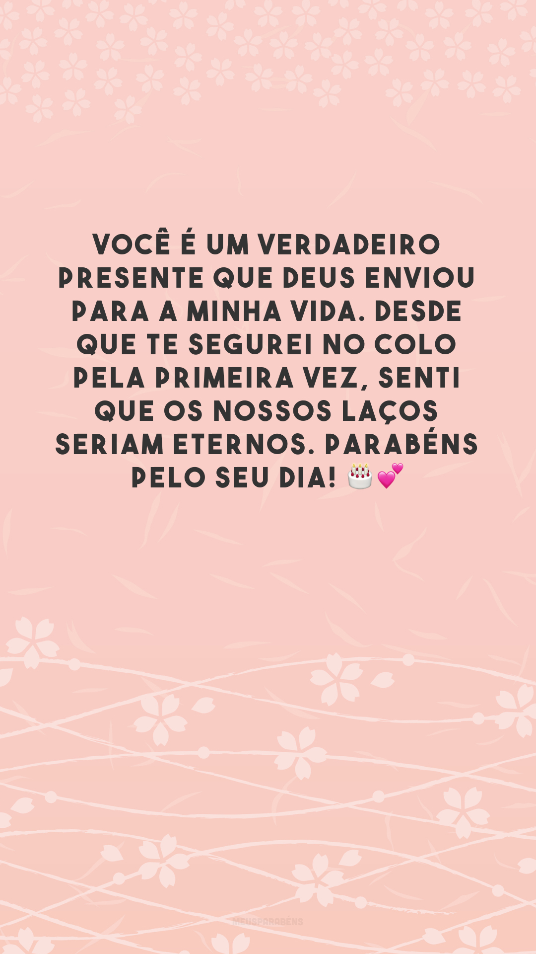 Você é um verdadeiro presente que Deus enviou para a minha vida. Desde que te segurei no colo pela primeira vez, senti que os nossos laços seriam eternos. Parabéns pelo seu dia! 🎂💕