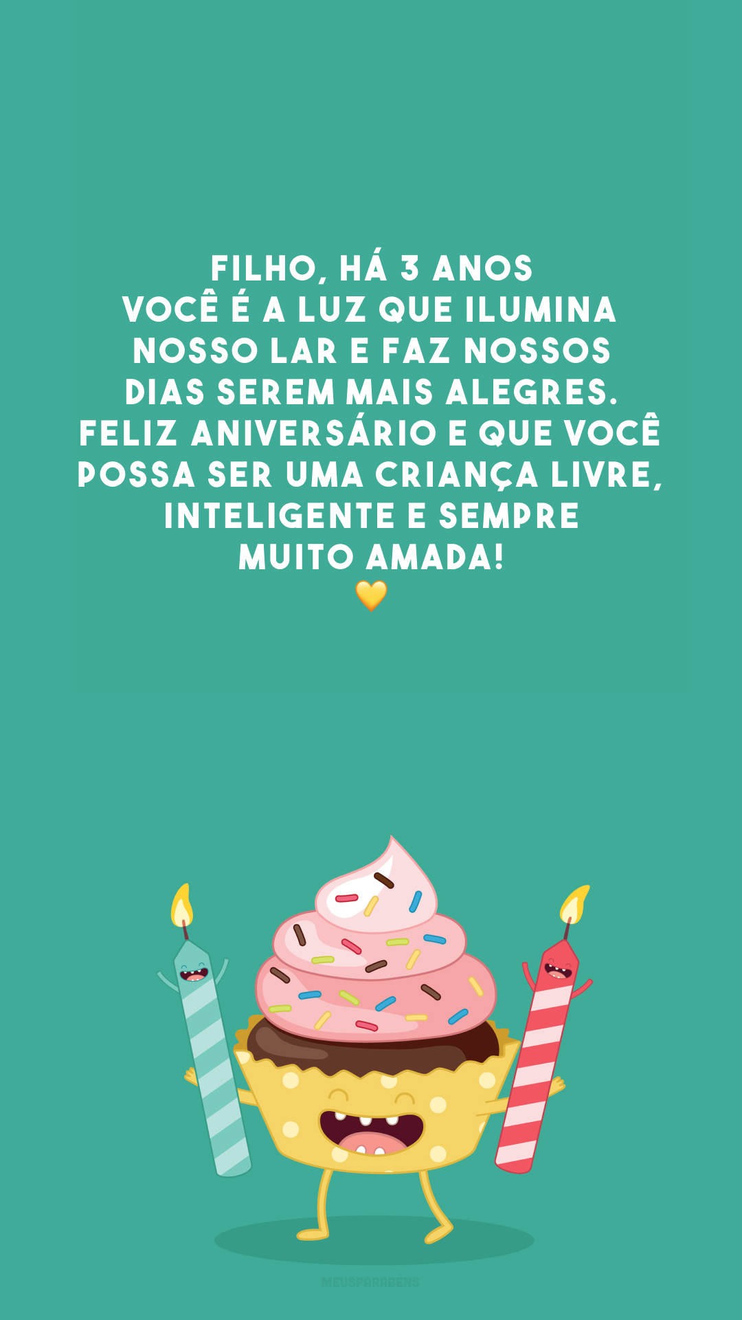 Filho, há 3 anos você é a luz que ilumina nosso lar e faz nossos dias serem mais alegres. Feliz aniversário e que você possa ser uma criança livre, inteligente e sempre muito amada! 💛