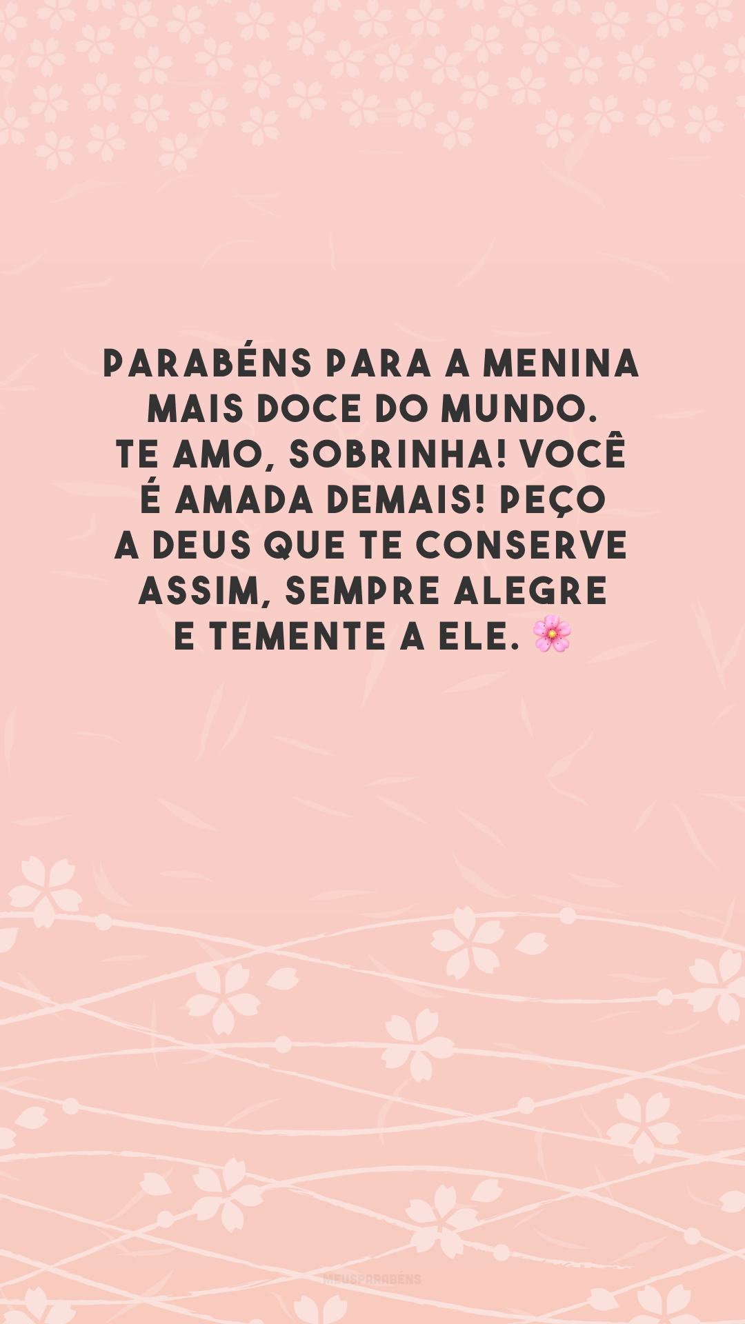 Parabéns para a menina mais doce do mundo. Te amo, sobrinha! Você é amada demais! Peço a Deus que te conserve assim, sempre alegre e temente a Ele. 🌸