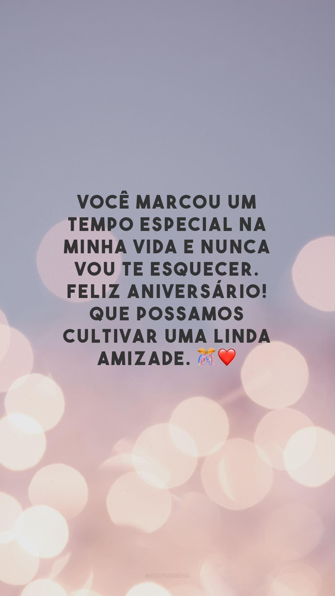 Você marcou um tempo especial na minha vida e nunca vou te esquecer. Feliz aniversário! Que possamos cultivar uma linda amizade. 🎊❤️