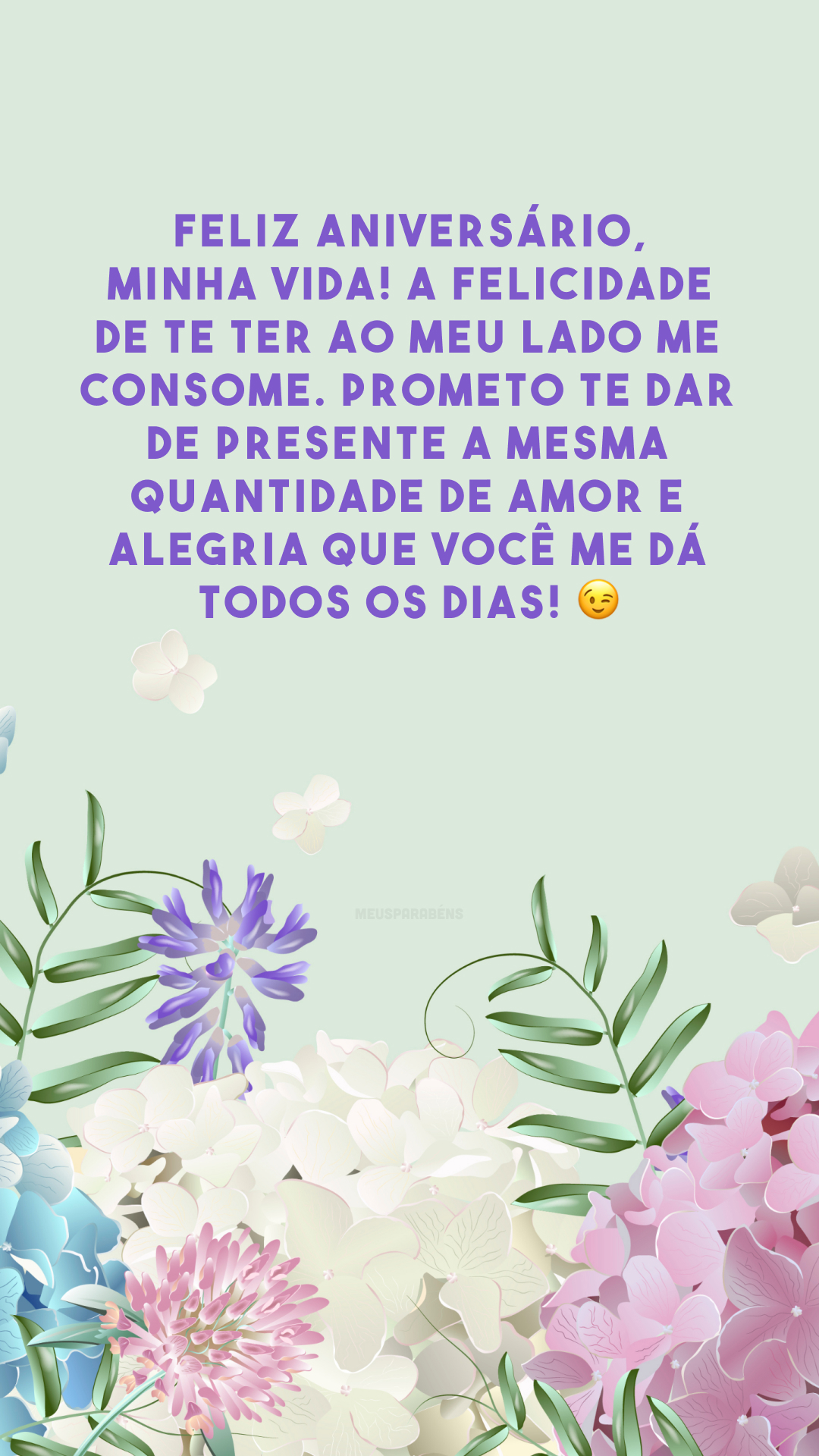 Feliz aniversário, minha vida! A felicidade de te ter ao meu lado me consome. Prometo te dar de presente a mesma quantidade de amor e alegria que você me dá todos os dias! 😉