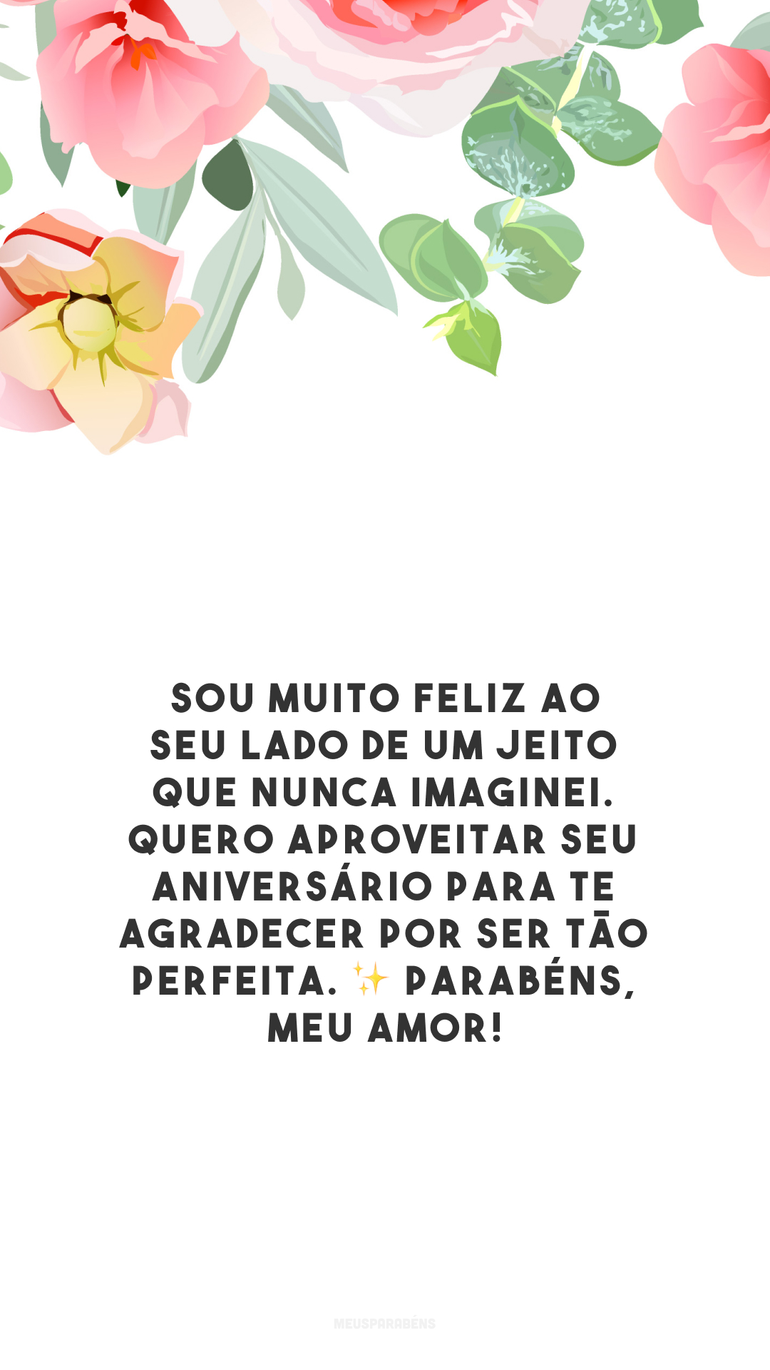 Sou muito feliz ao seu lado de um jeito que nunca imaginei. Quero aproveitar seu aniversário para te agradecer por ser tão perfeita. ✨ Parabéns, meu amor!