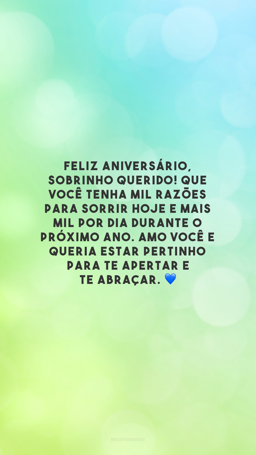 Feliz aniversário, sobrinho querido! Que você tenha mil razões para sorrir hoje e mais mil por dia durante o próximo ano. Amo você e queria estar pertinho para te apertar e te abraçar. 💙