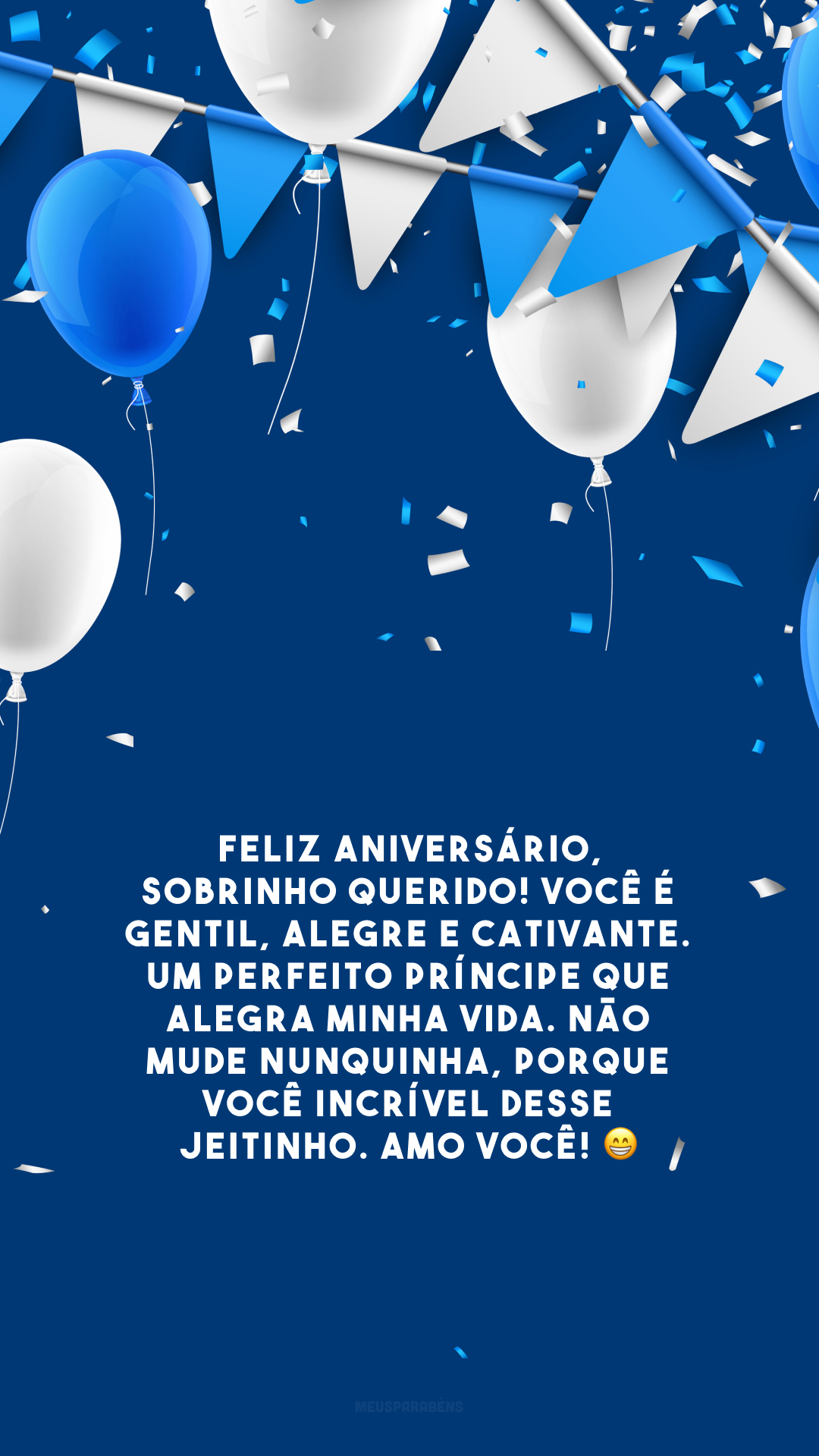 Feliz aniversário, sobrinho querido! Você é gentil, alegre e cativante. Um perfeito príncipe que alegra minha vida. Não mude nunquinha, porque você incrível desse jeitinho. Amo você! 😁