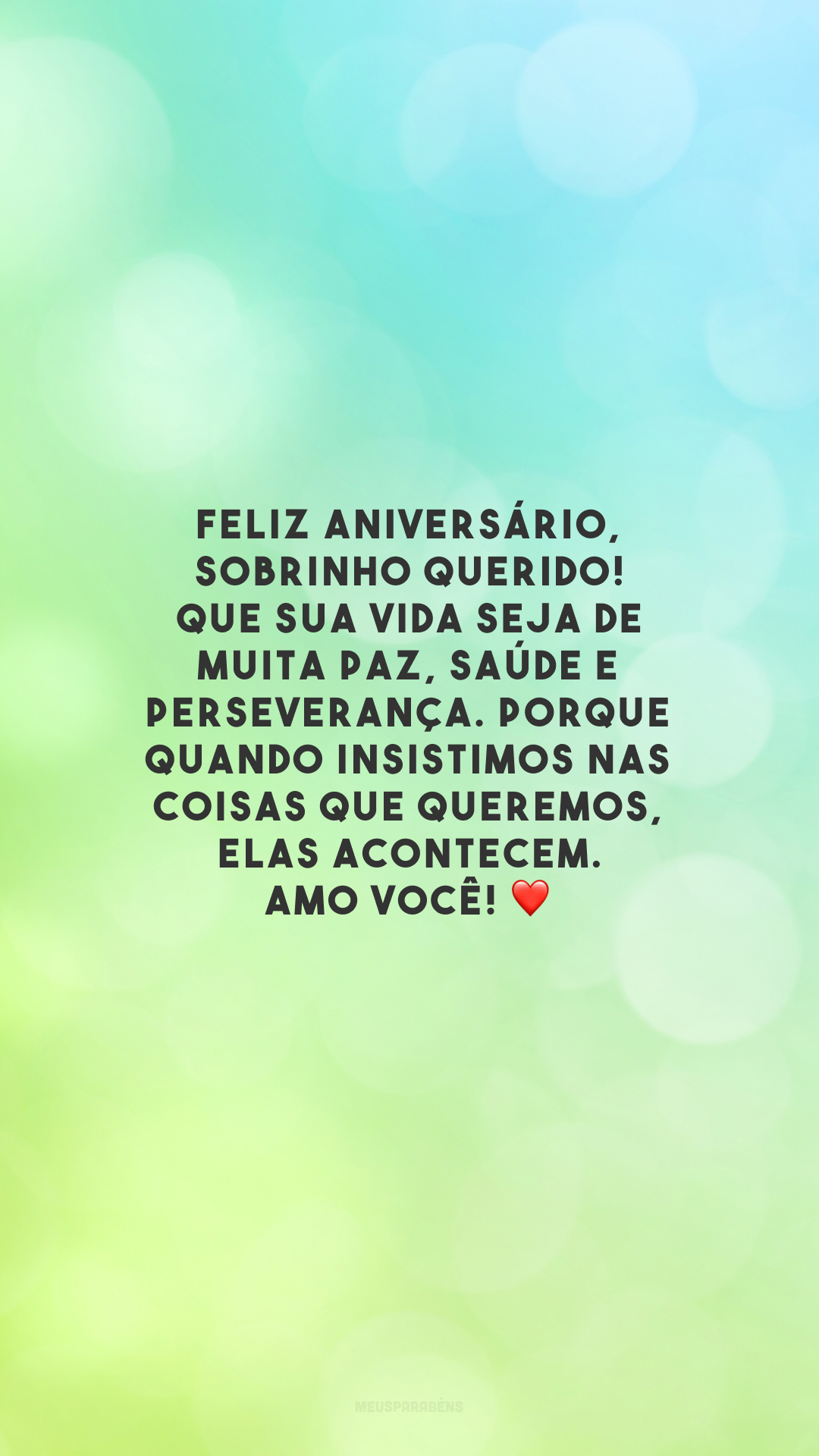 Feliz aniversário, sobrinho querido! Que sua vida seja de muita paz, saúde e perseverança. Porque quando insistimos nas coisas que queremos, elas acontecem. Amo você! ❤️