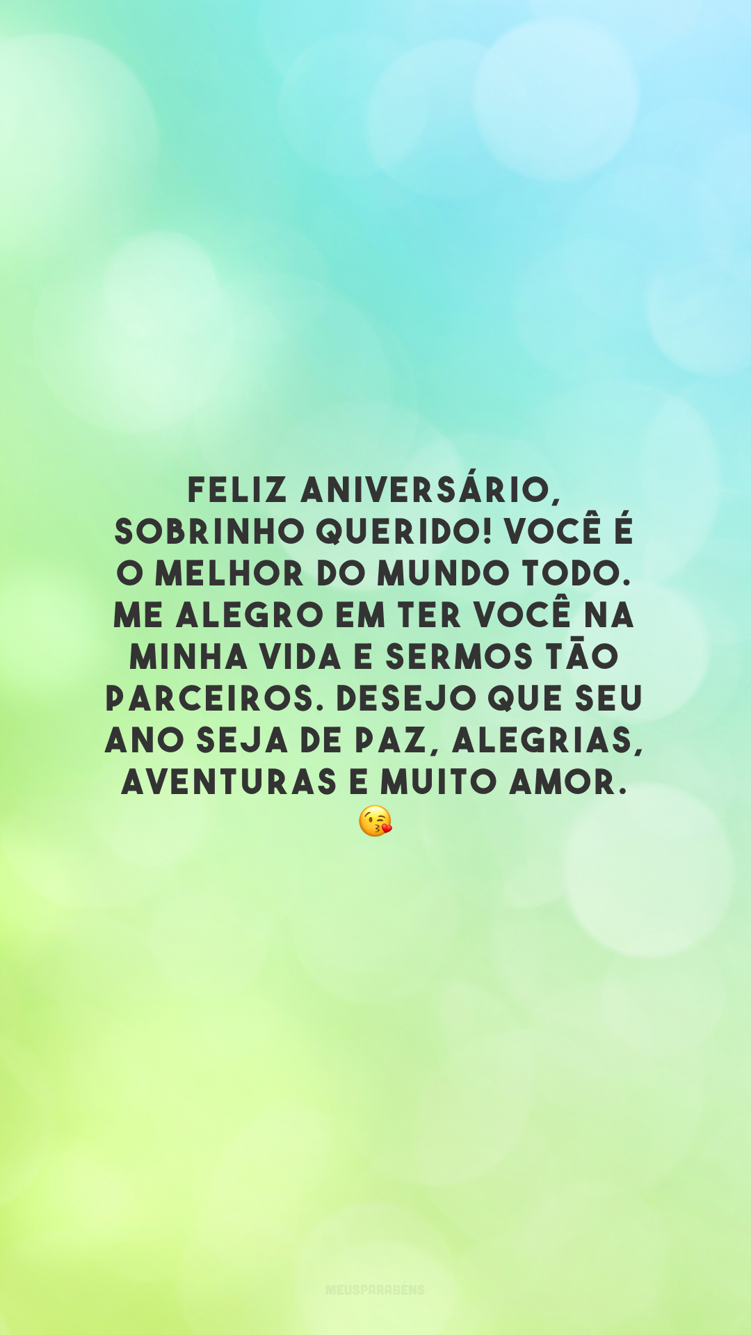 Feliz aniversário, sobrinho querido! Você é o melhor do mundo todo. Me alegro em ter você na minha vida e sermos tão parceiros. Desejo que seu ano seja de paz, alegrias, aventuras e muito amor. 😘