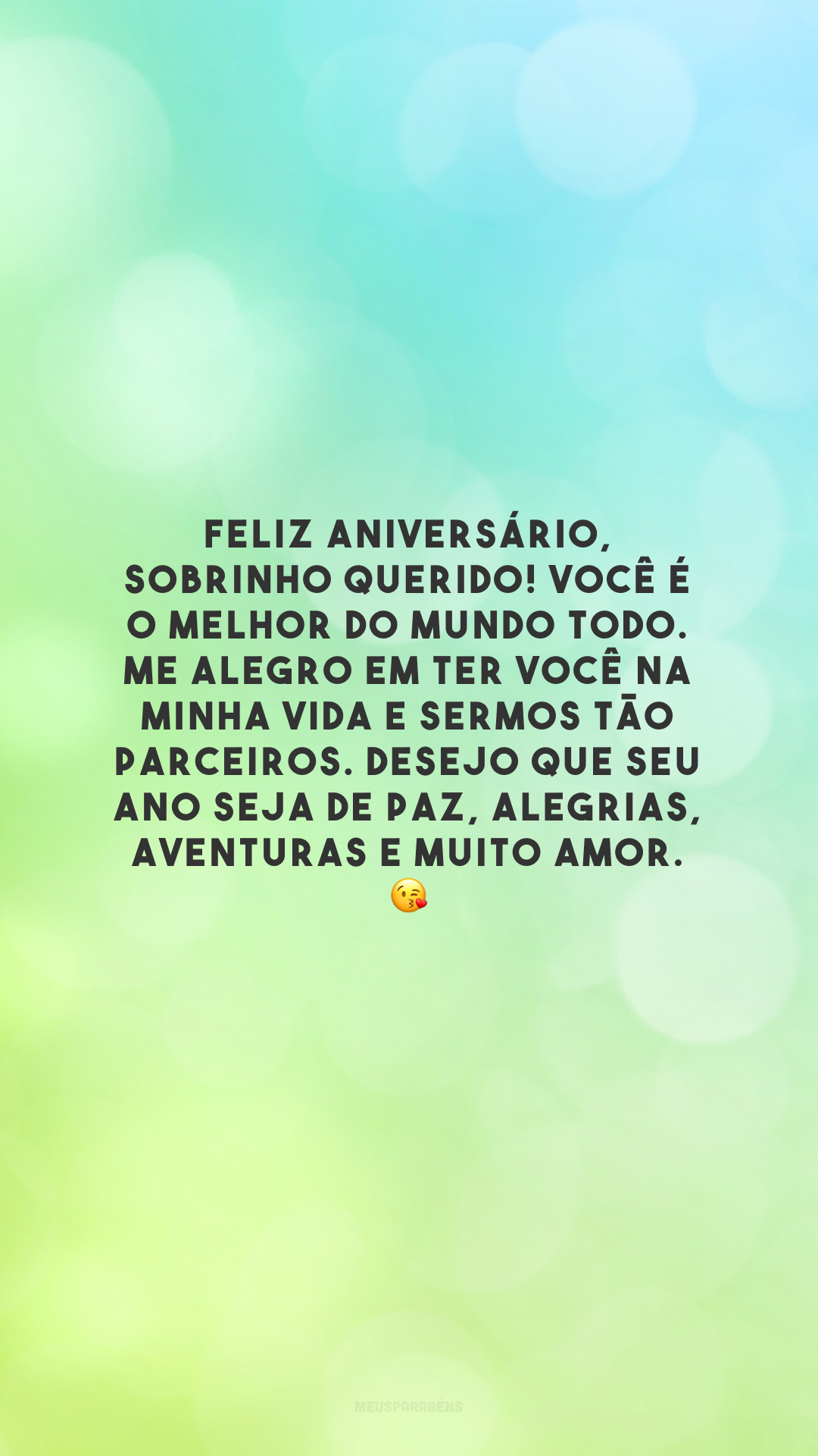 Feliz aniversário, sobrinho querido! Você é o melhor do mundo todo. Me alegro em ter você na minha vida e sermos tão parceiros. Desejo que seu ano seja de paz, alegrias, aventuras e muito amor. 😘