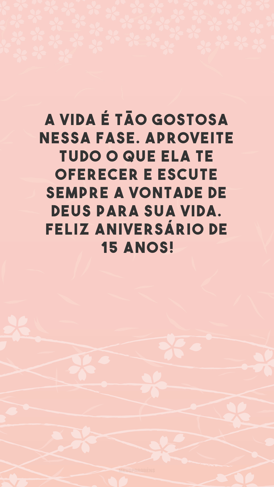 A vida é tão gostosa nessa fase. Aproveite tudo o que ela te oferecer e escute sempre a vontade de Deus para sua vida. Feliz aniversário de 15 anos!