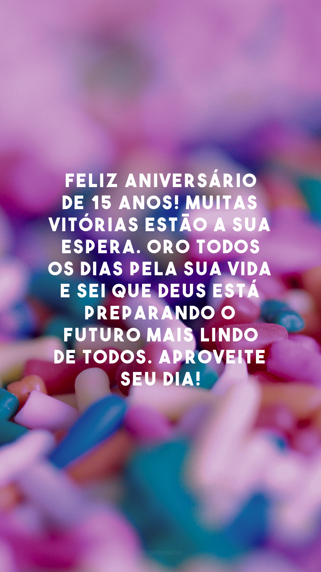 Feliz aniversário de 15 anos! Muitas vitórias estão a sua espera. Oro todos os dias pela sua vida e sei que Deus está preparando o futuro mais lindo de todos. Aproveite seu dia!