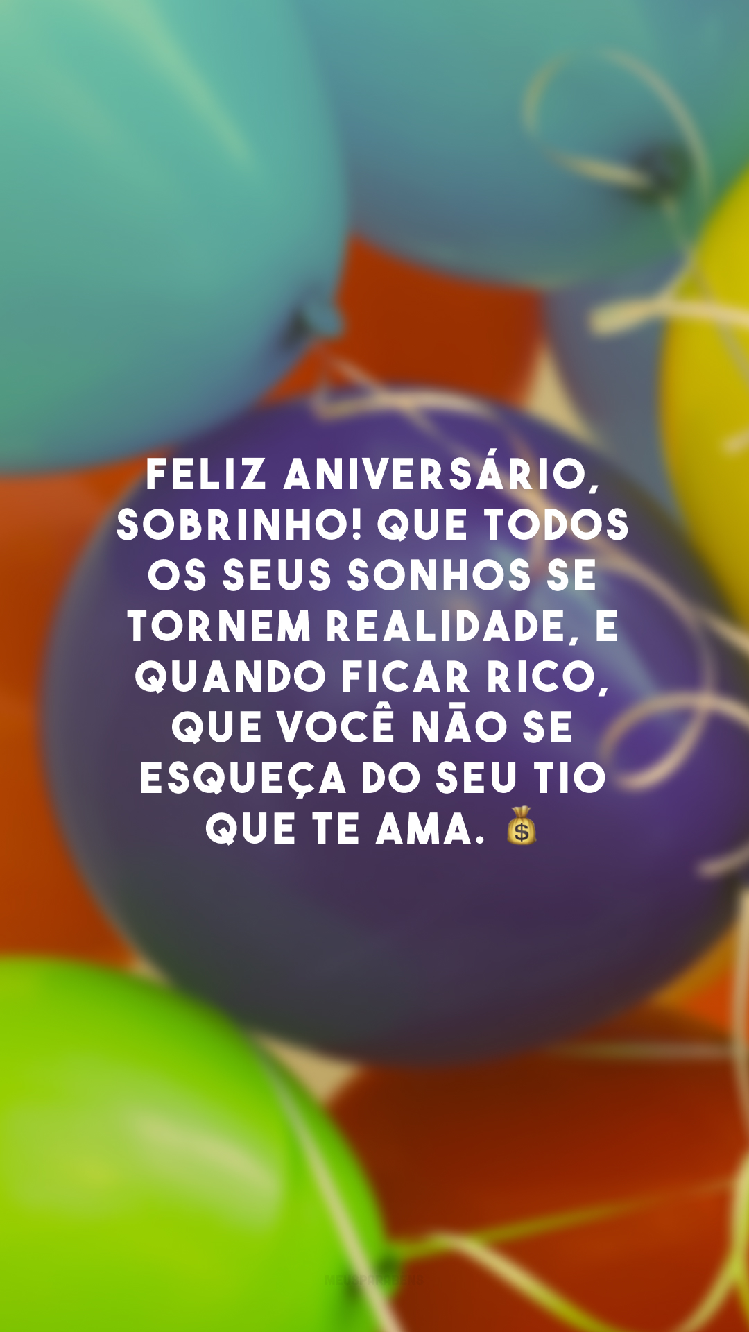 Feliz aniversário, sobrinho! Que todos os seus sonhos se tornem realidade, e quando ficar rico, que você não se esqueça do seu tio que te ama. 💰