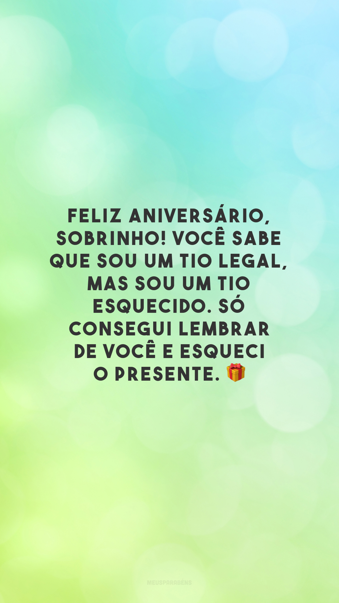 Feliz aniversário, sobrinho! Você sabe que sou um tio legal, mas sou um tio esquecido. Só consegui lembrar de você e esqueci o presente. 🎁