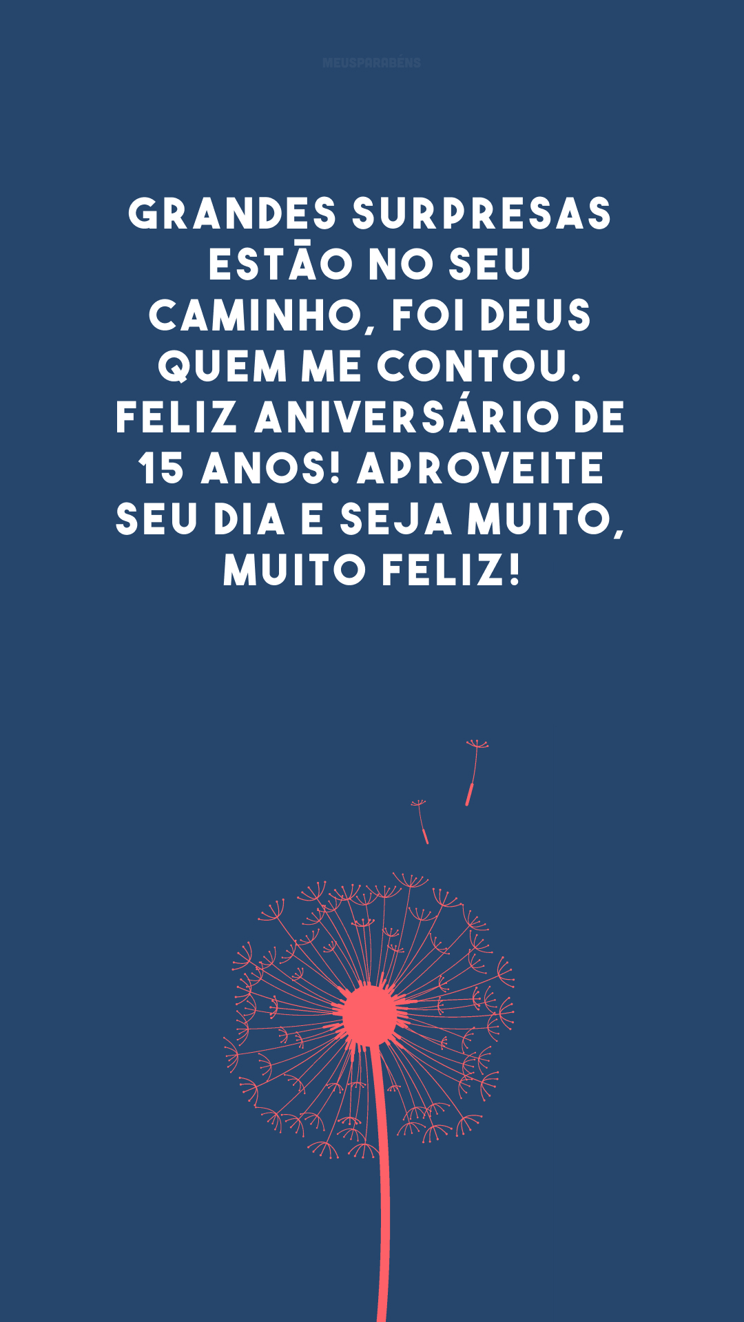 Grandes surpresas estão no seu caminho, foi Deus quem me contou. Feliz aniversário de 15 anos! Aproveite seu dia e seja muito, muito feliz!