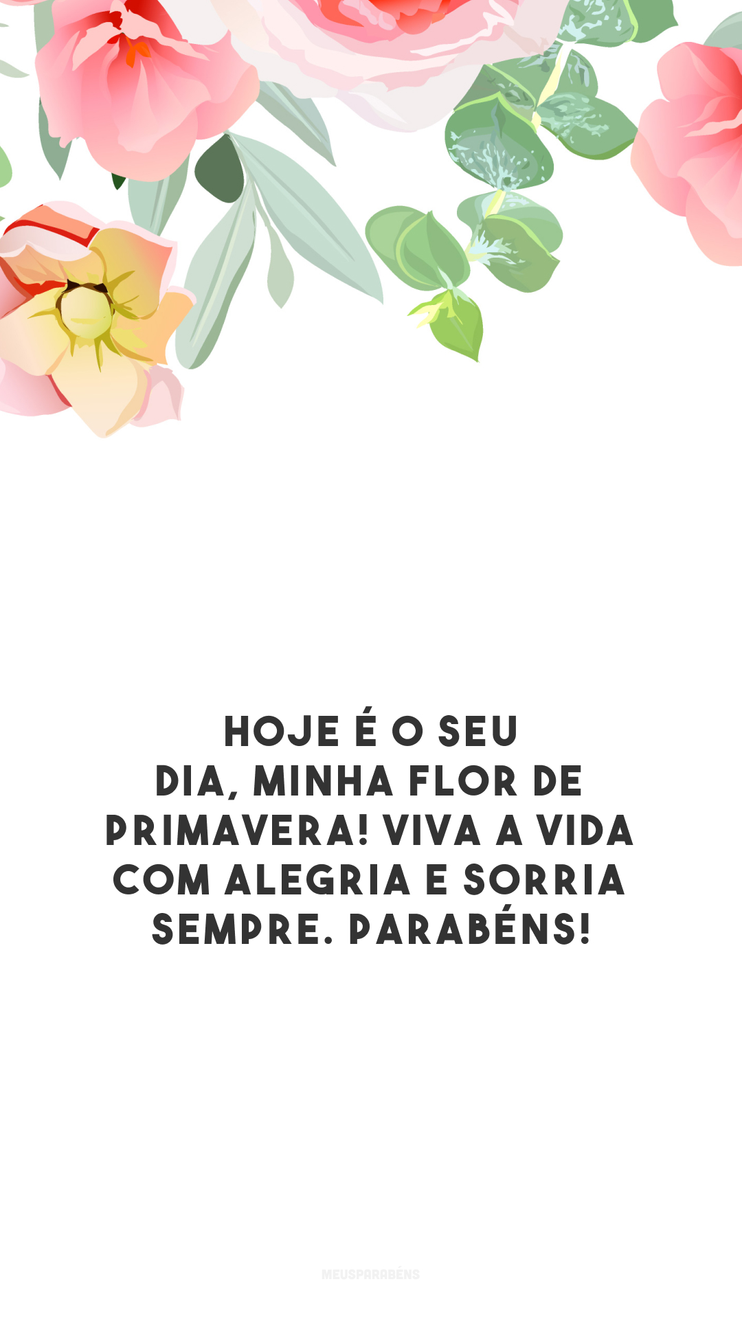 Hoje é o seu dia, minha flor de primavera! Viva a vida com alegria e sorria sempre. Parabéns!