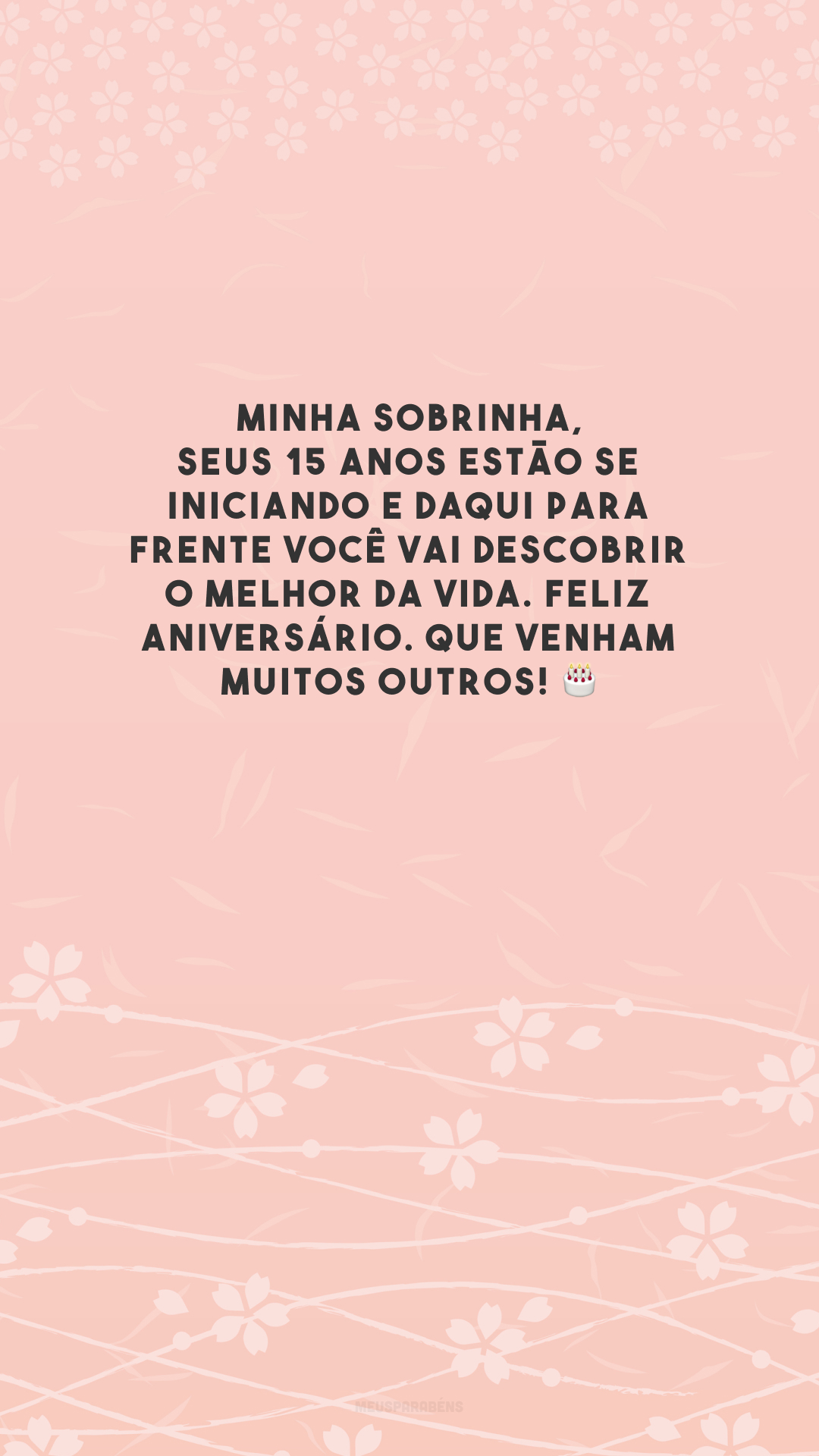 Minha sobrinha, seus 15 anos estão se iniciando e daqui para frente você vai descobrir o melhor da vida. Feliz aniversário. Que venham muitos outros! 🎂