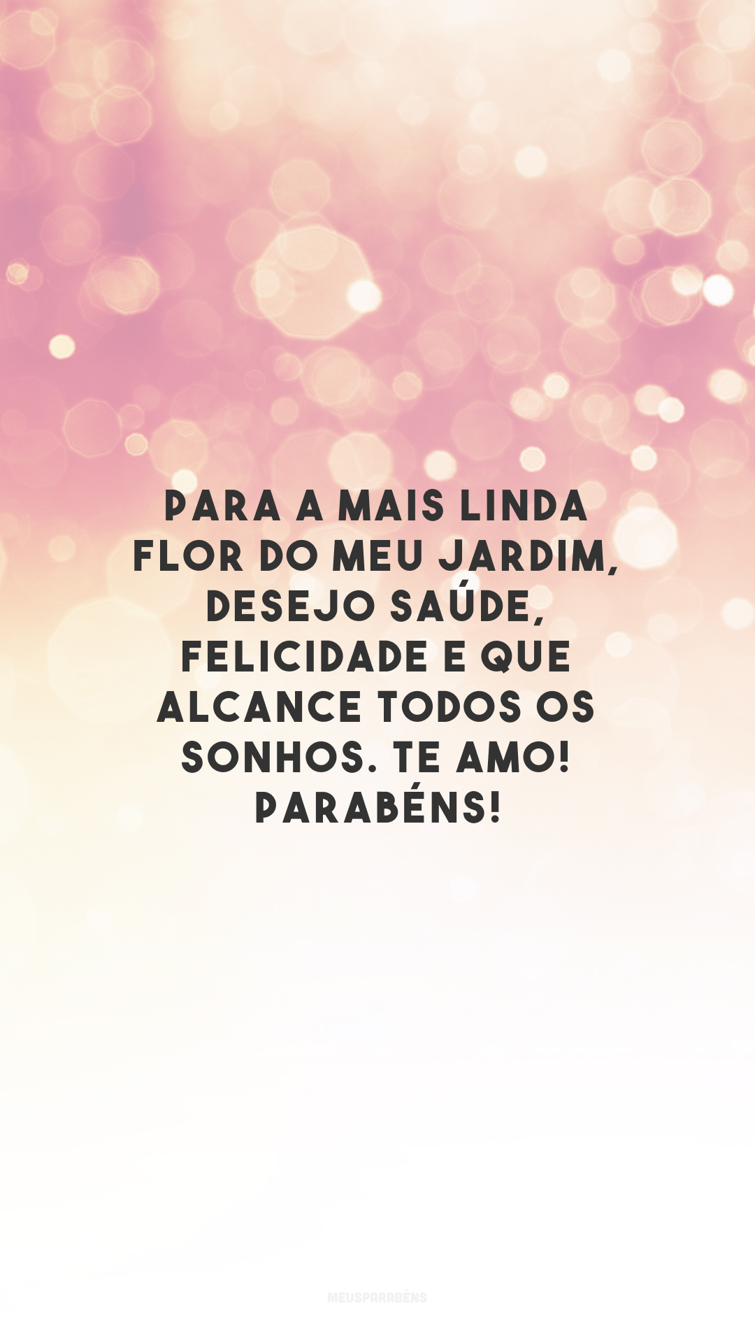 Para a mais linda flor do meu jardim, desejo saúde, felicidade e que alcance todos os sonhos. Te amo! Parabéns!