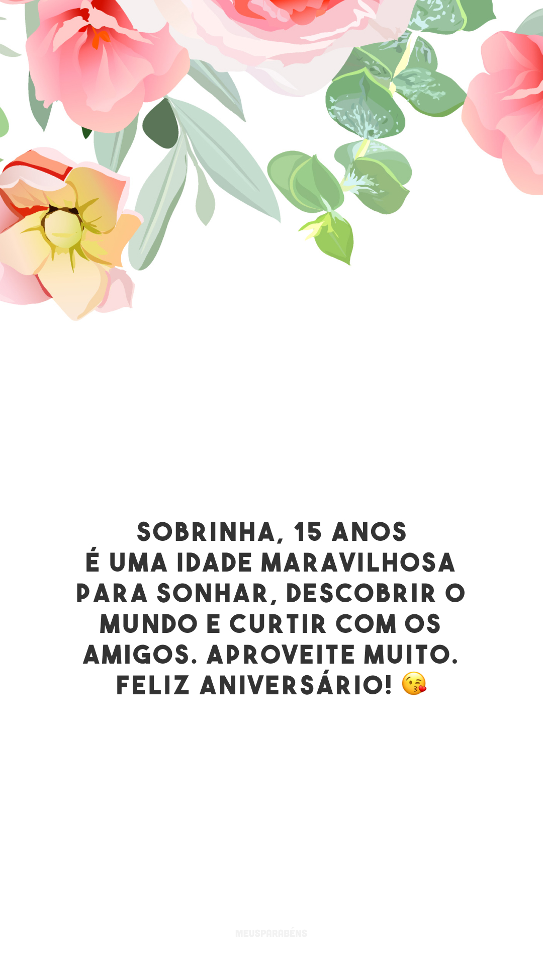 Sobrinha, 15 anos é uma idade maravilhosa para sonhar, descobrir o mundo e curtir com os amigos. Aproveite muito. Feliz aniversário! 😘