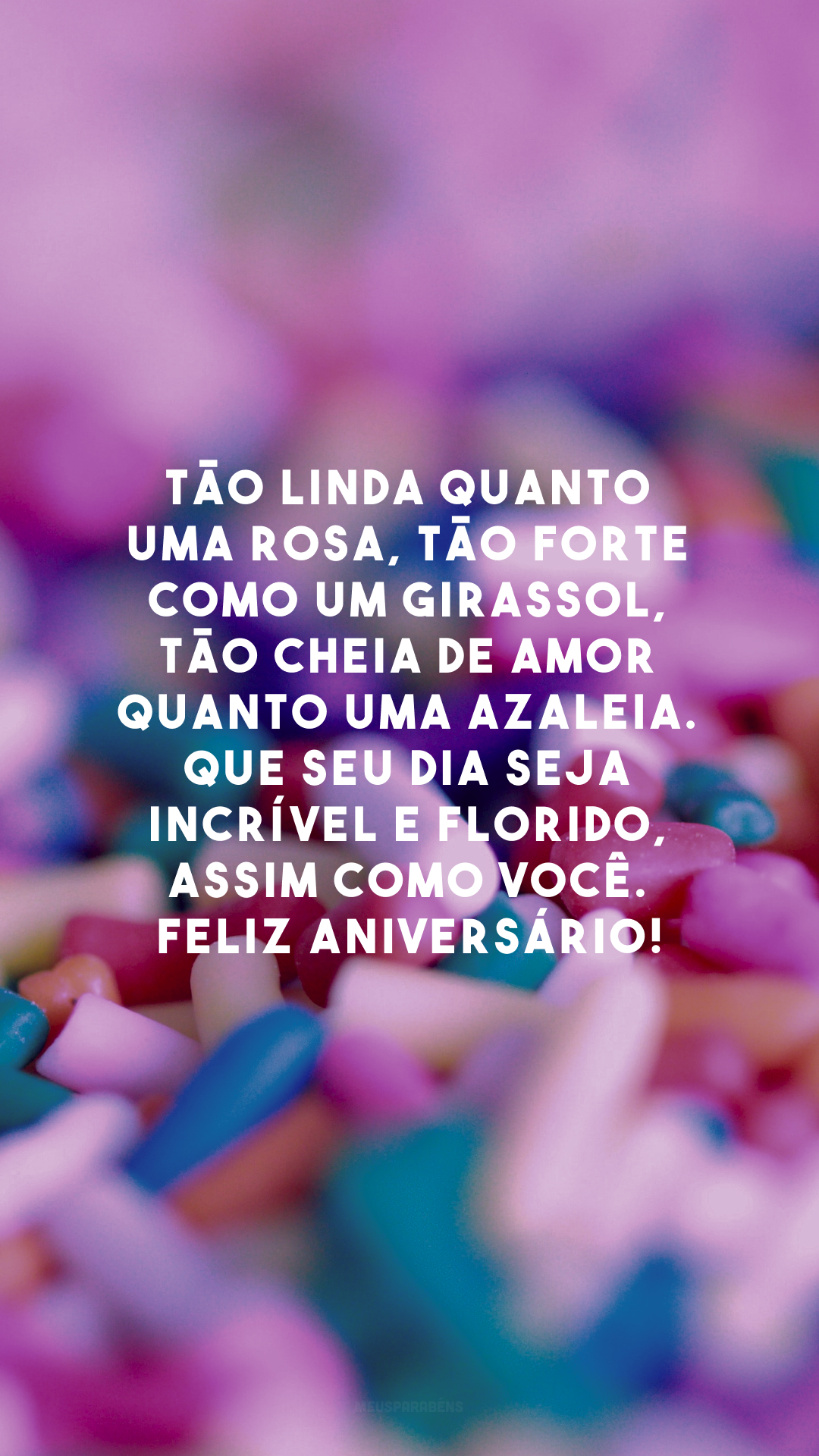 Tão linda quanto uma rosa, tão forte como um girassol, tão cheia de amor quanto uma azaleia. Que seu dia seja incrível e florido, assim como você. Feliz aniversário!