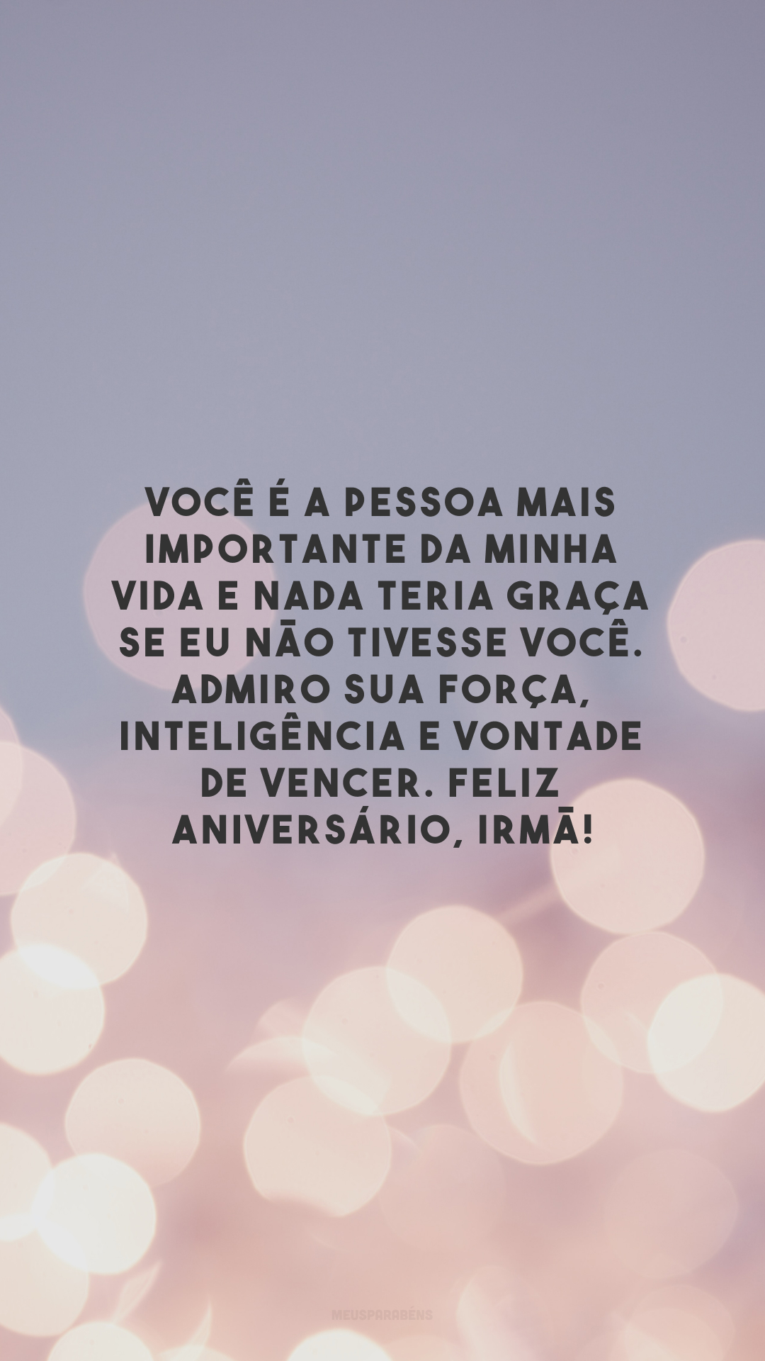 Você é a pessoa mais importante da minha vida e nada teria graça se eu não tivesse você. Admiro sua força, inteligência e vontade de vencer. Feliz aniversário, irmã!