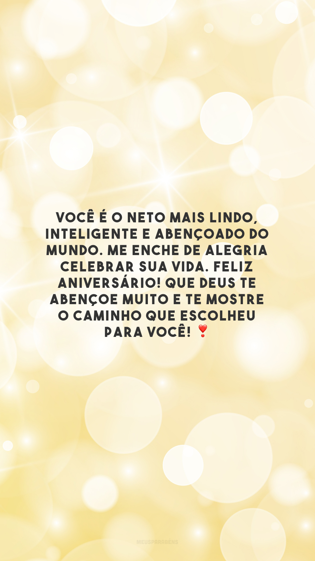 Você é o neto mais lindo, inteligente e abençoado do mundo. Me enche de alegria celebrar sua vida. Feliz aniversário! Que Deus te abençoe muito e te mostre o caminho que escolheu para você! ❣️