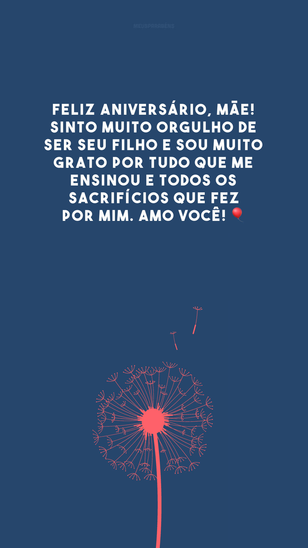 Feliz aniversário, mãe! Sinto muito orgulho de ser seu filho e sou muito grato por tudo que me ensinou e todos os sacrifícios que fez por mim. Amo você! 🎈