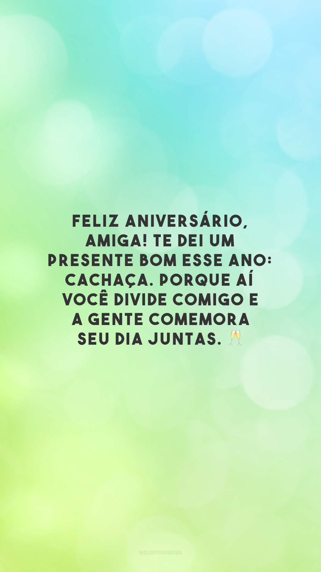 Feliz aniversário, amiga! Te dei um presente bom esse ano: cachaça. Porque aí você divide comigo e a gente comemora seu dia juntas. 🥂