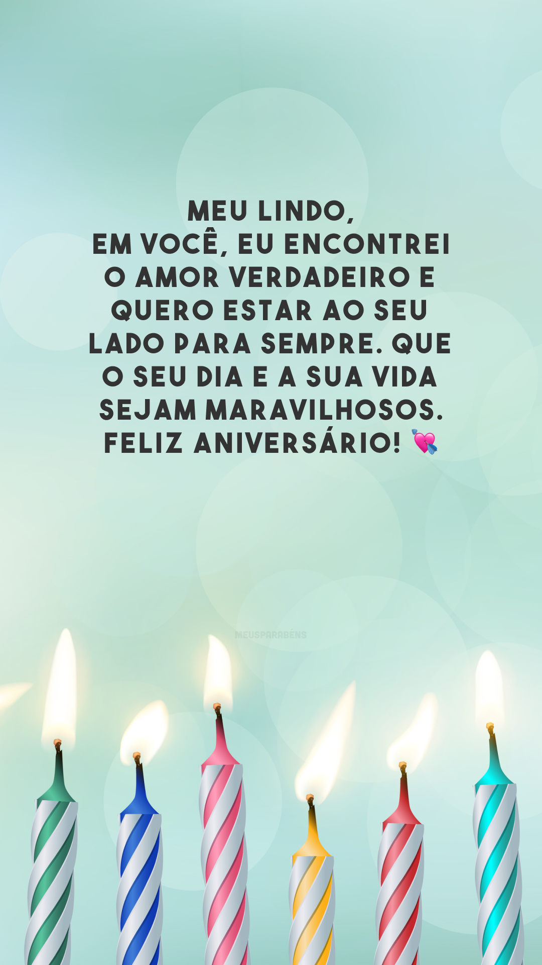 Meu lindo, em você, eu encontrei o amor verdadeiro e quero estar ao seu lado para sempre. Que o seu dia e a sua vida sejam maravilhosos. Feliz aniversário! 💘