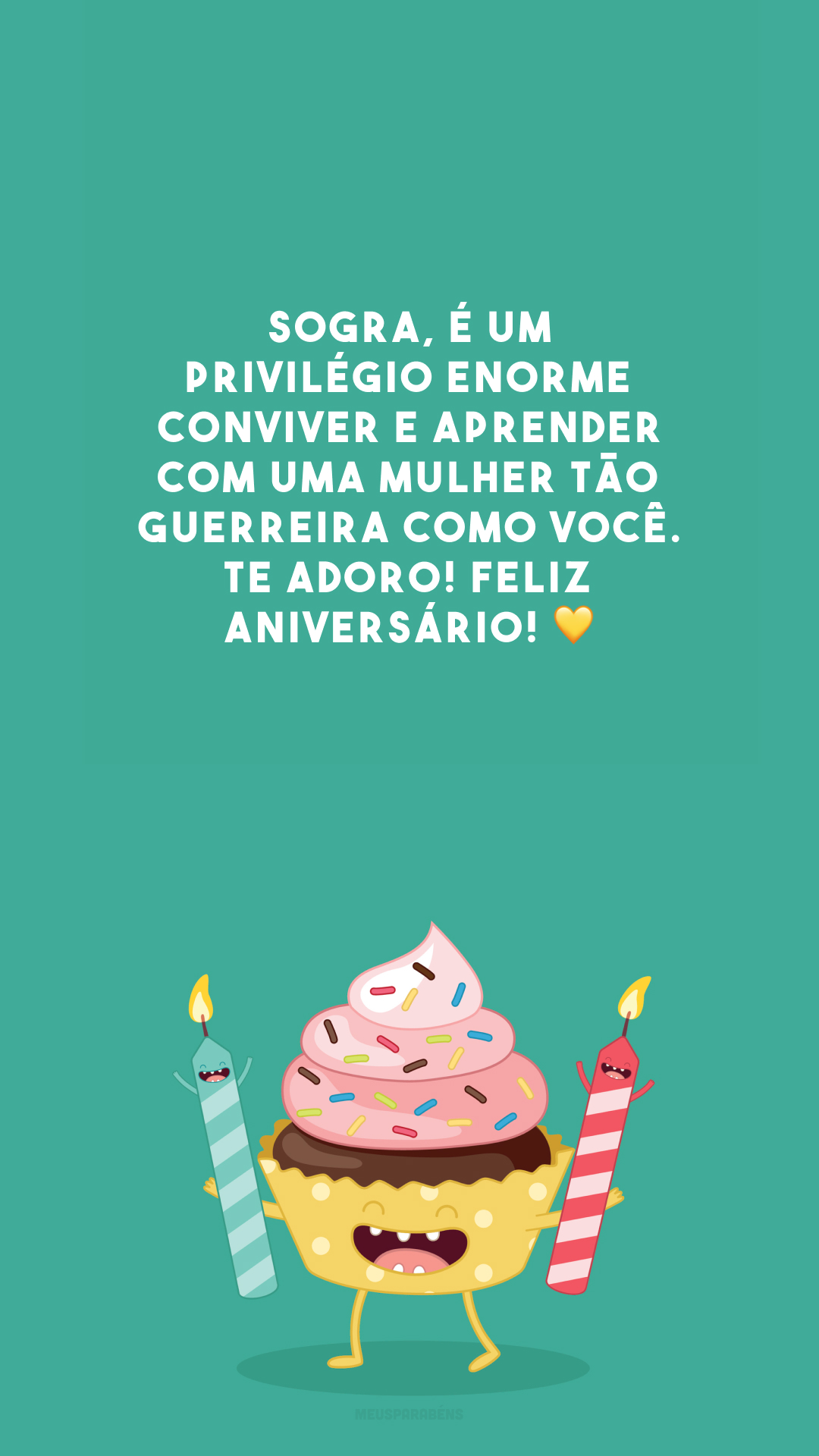 Sogra, é um privilégio enorme conviver e aprender com uma mulher tão guerreira como você. Te adoro! Feliz aniversário! 💛