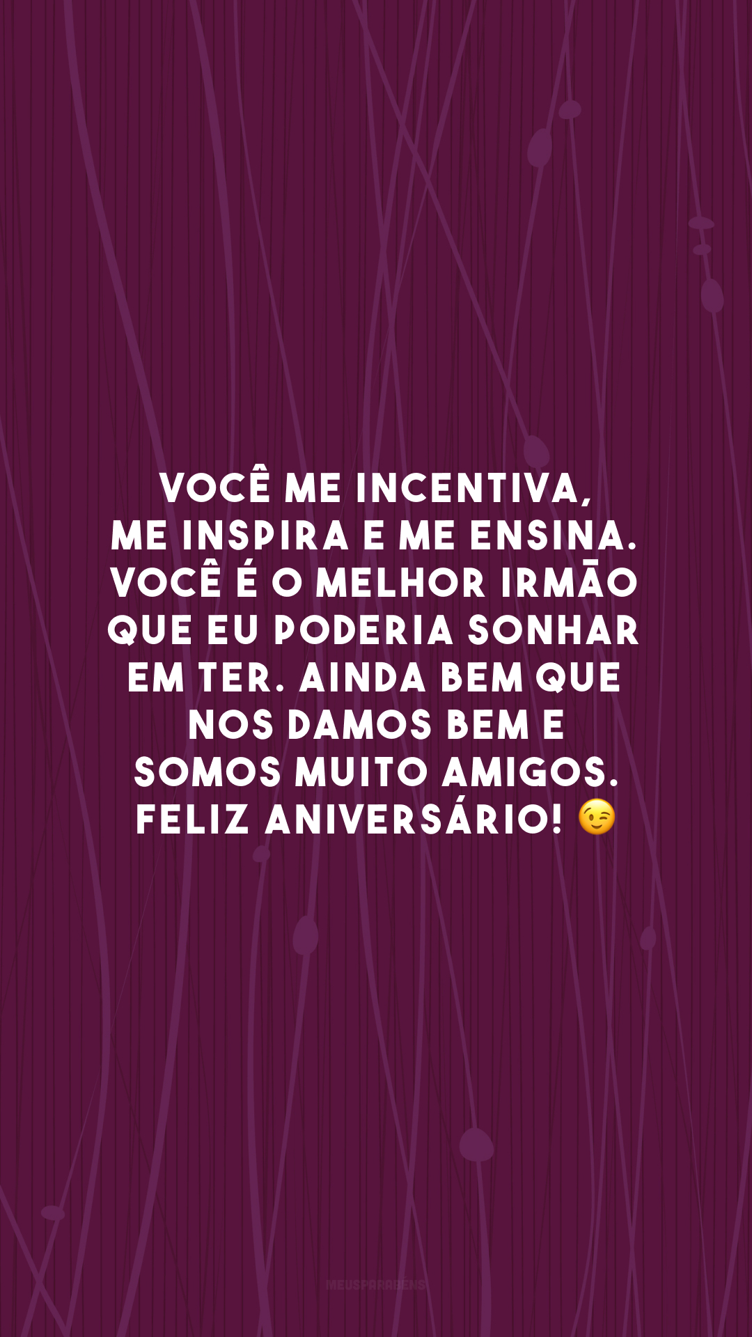 Você me incentiva, me inspira e me ensina. Você é o melhor irmão que eu poderia sonhar em ter. Ainda bem que nos damos bem e somos muito amigos. Feliz aniversário! 😉