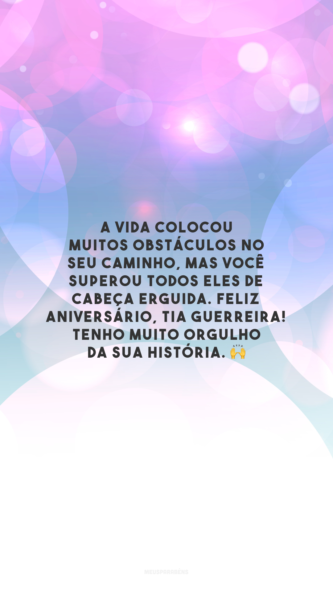 A vida colocou muitos obstáculos no seu caminho, mas você superou todos eles de cabeça erguida. Feliz aniversário, tia guerreira! Tenho muito orgulho da sua história. 🙌