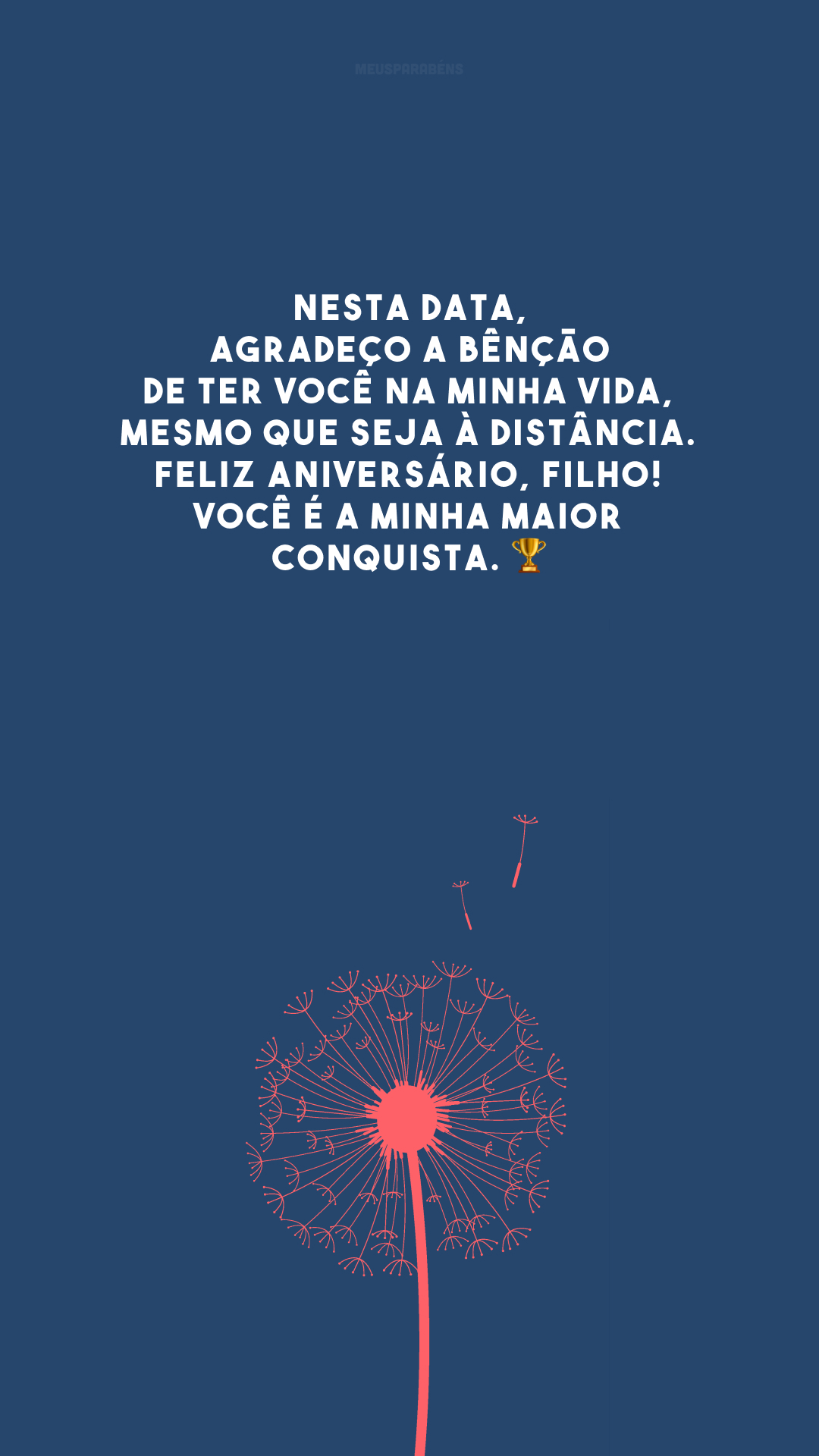 Nesta data, agradeço a bênção de ter você na minha vida, mesmo que seja à distância. Feliz aniversário, filho! Você é a minha maior conquista. 🏆