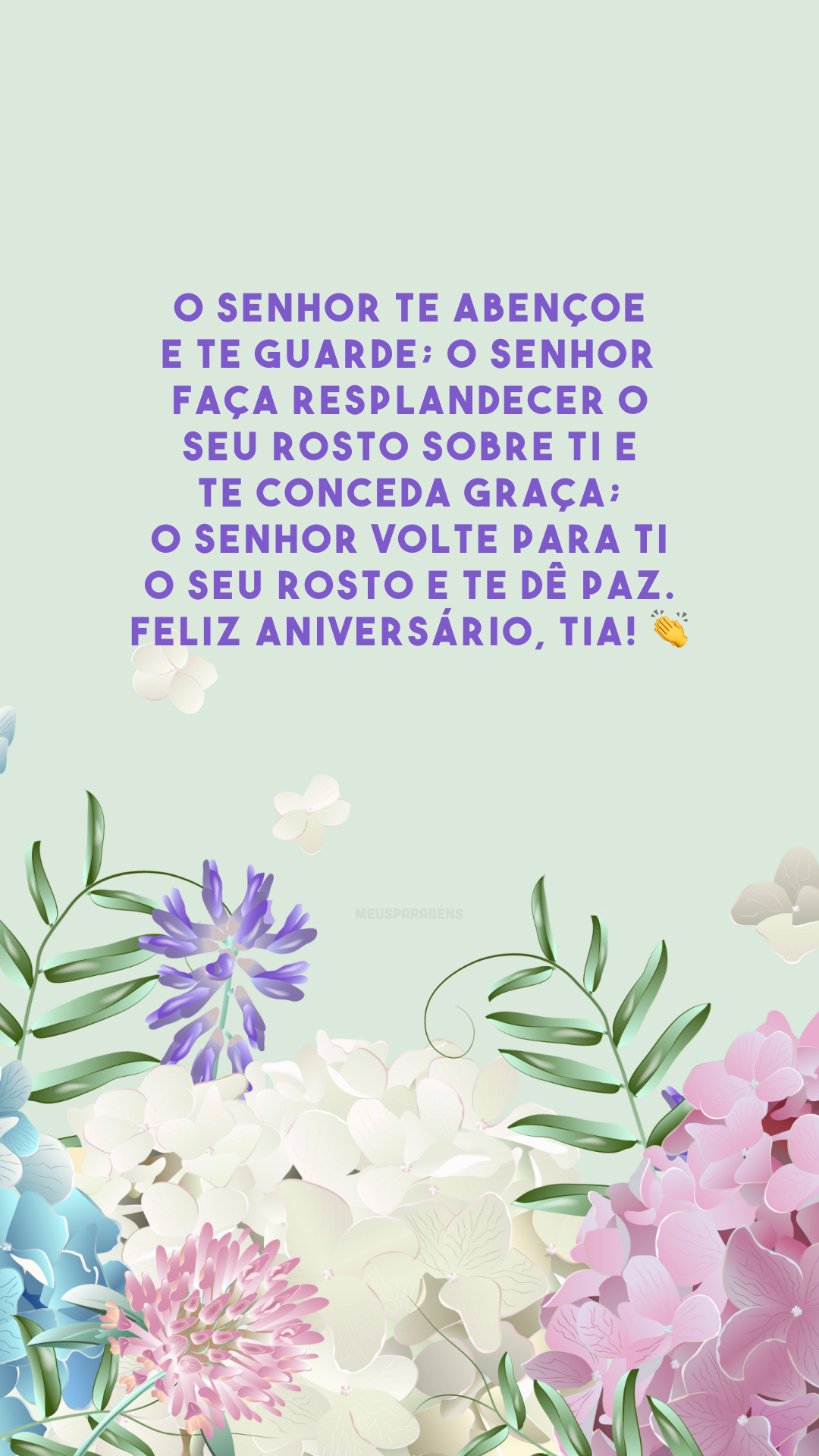 O Senhor te abençoe e te guarde; o Senhor faça resplandecer o seu rosto sobre ti e te conceda graça; o Senhor volte para ti o seu rosto e te dê paz. Feliz aniversário, tia! 👏