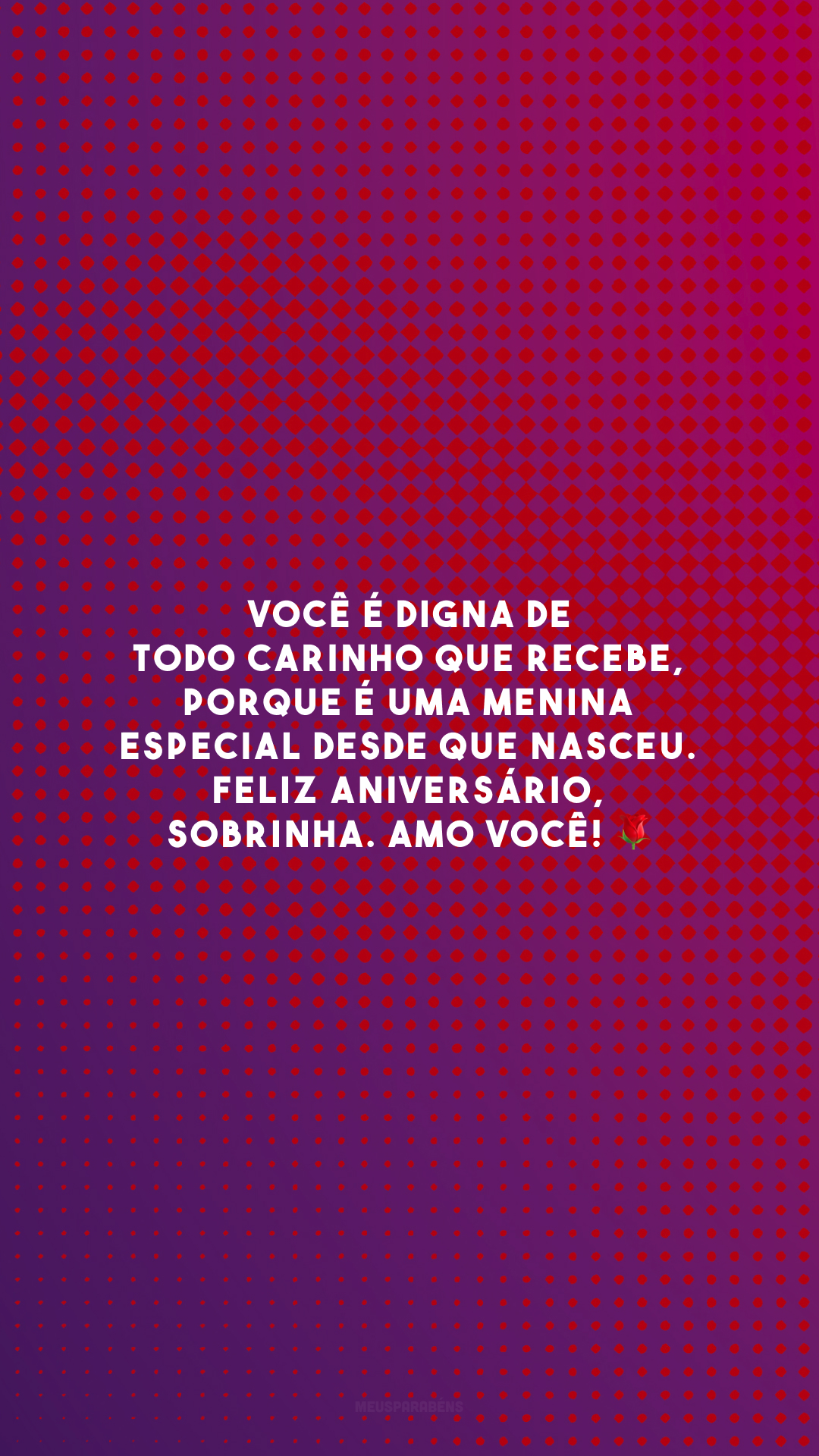 Você é digna de todo carinho que recebe, porque é uma menina especial desde que nasceu. Feliz aniversário, sobrinha. Amo você! 🌹