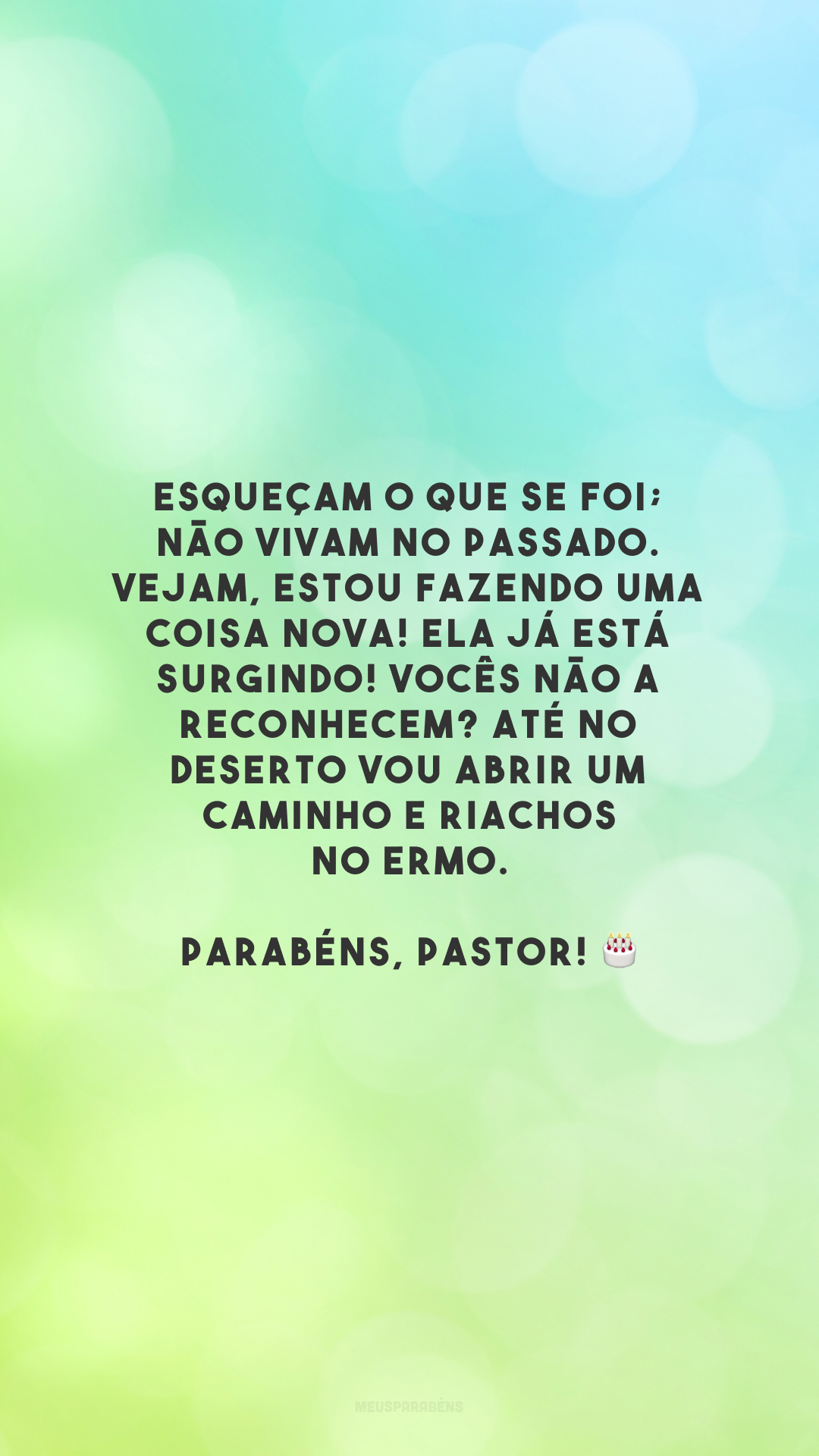 Esqueçam o que se foi; não vivam no passado. Vejam, estou fazendo uma coisa nova! Ela já está surgindo! Vocês não a reconhecem? Até no deserto vou abrir um caminho e riachos no ermo. Parabéns, pastor! 🎂