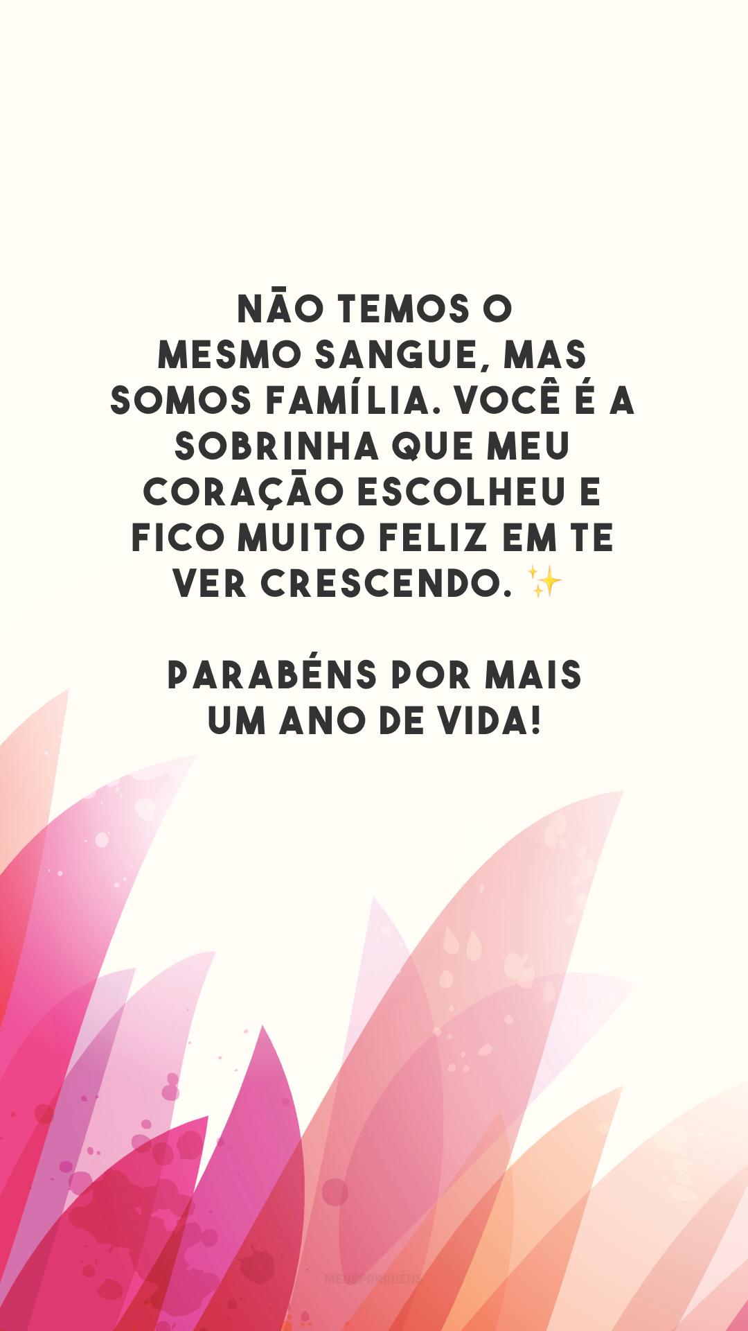 Não temos o mesmo sangue, mas somos família. Você é a sobrinha que meu coração escolheu e fico muito feliz em te ver crescendo. ✨ Parabéns por mais um ano de vida!