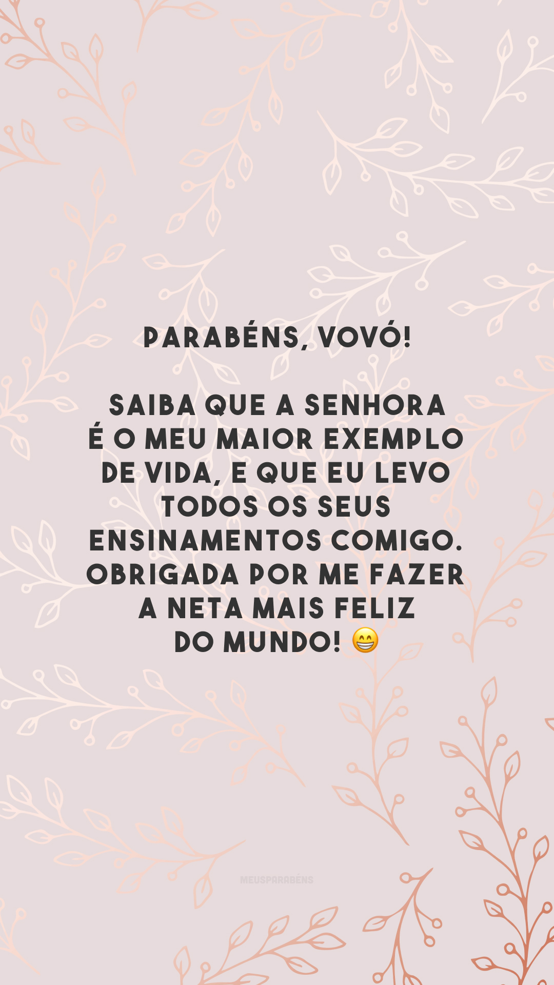 Parabéns, vovó! Saiba que a senhora é o meu maior exemplo de vida, e que eu levo todos os seus ensinamentos comigo. Obrigada por me fazer a neta mais feliz do mundo! 😁