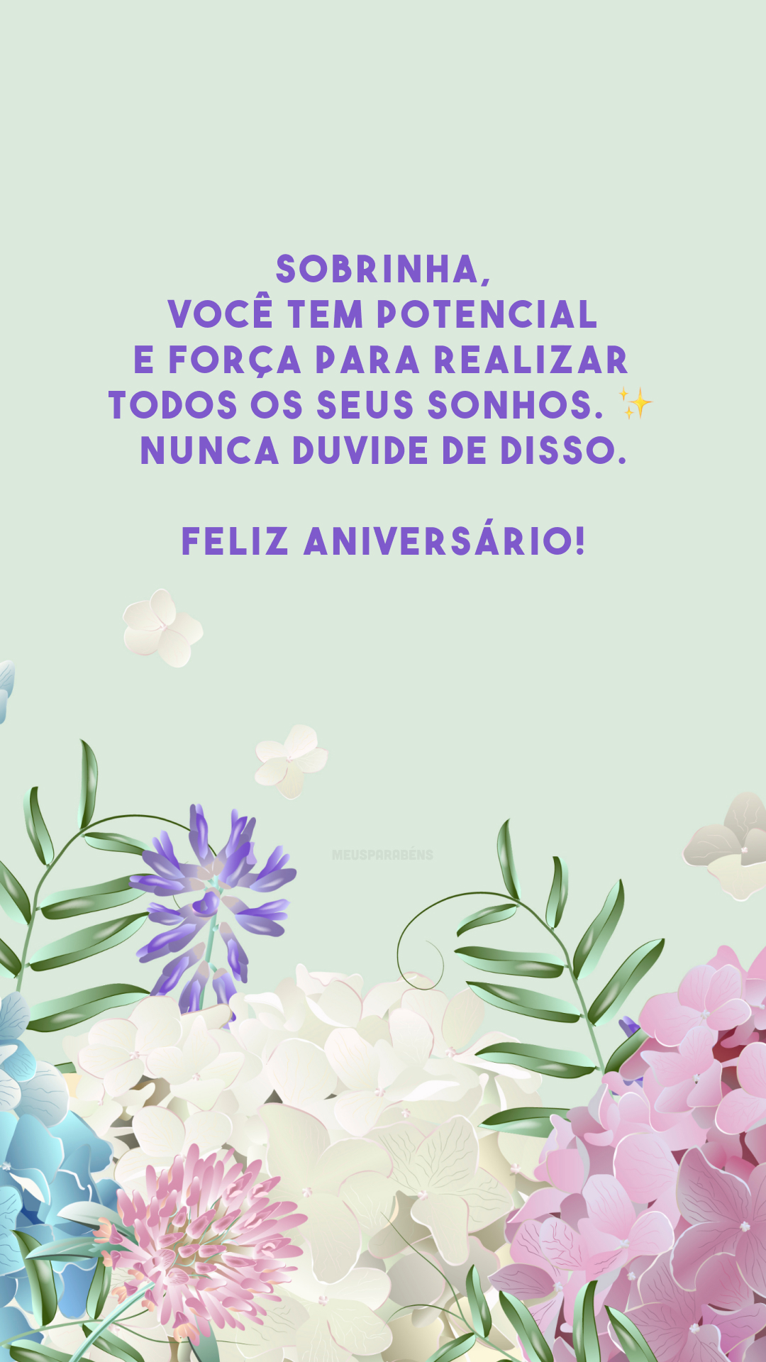 Sobrinha, você tem potencial e força para realizar todos os seus sonhos. ✨ Nunca duvide de disso. Feliz aniversário!