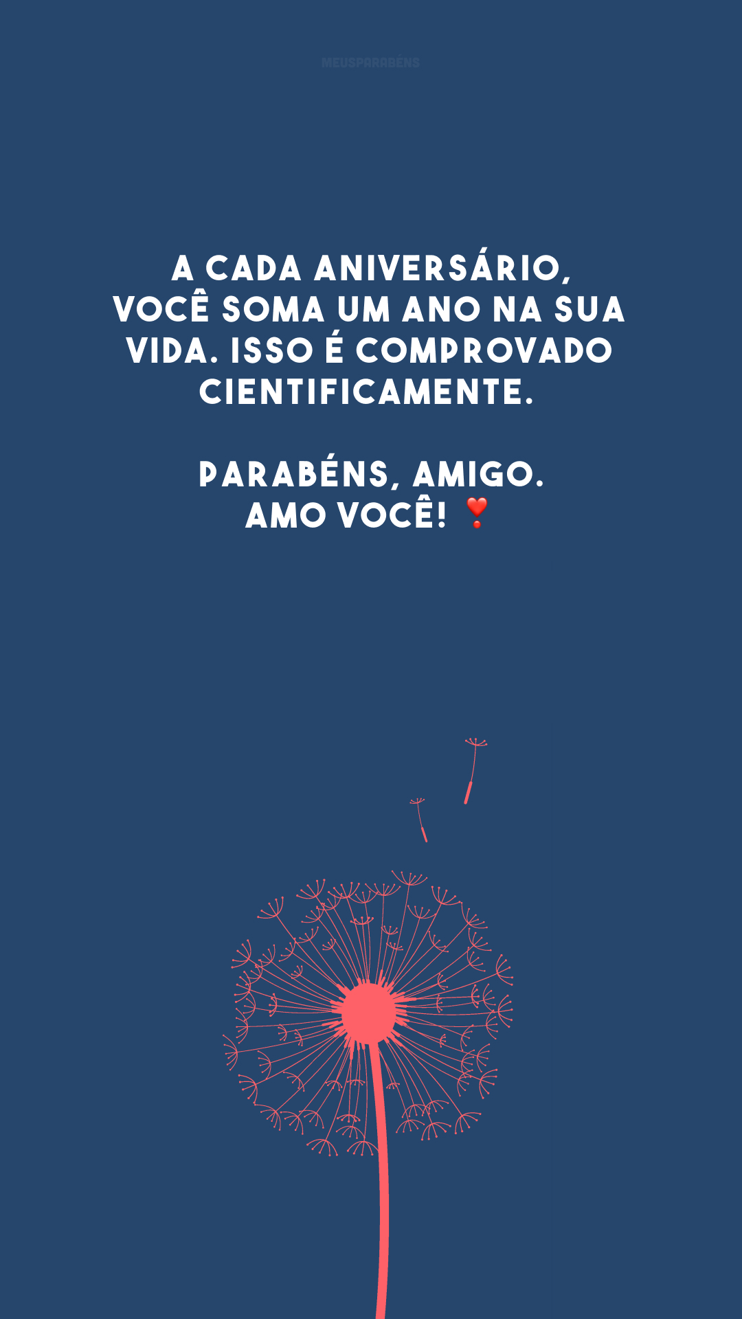 A cada aniversário, você soma um ano na sua vida. Isso é comprovado cientificamente. Parabéns, amigo. Amo você! ❣️